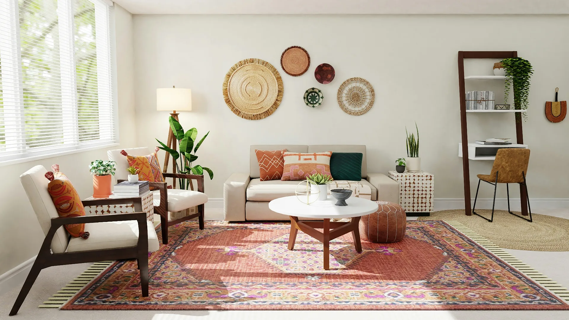 A styled living room with a papered feature wall in warm neutral light