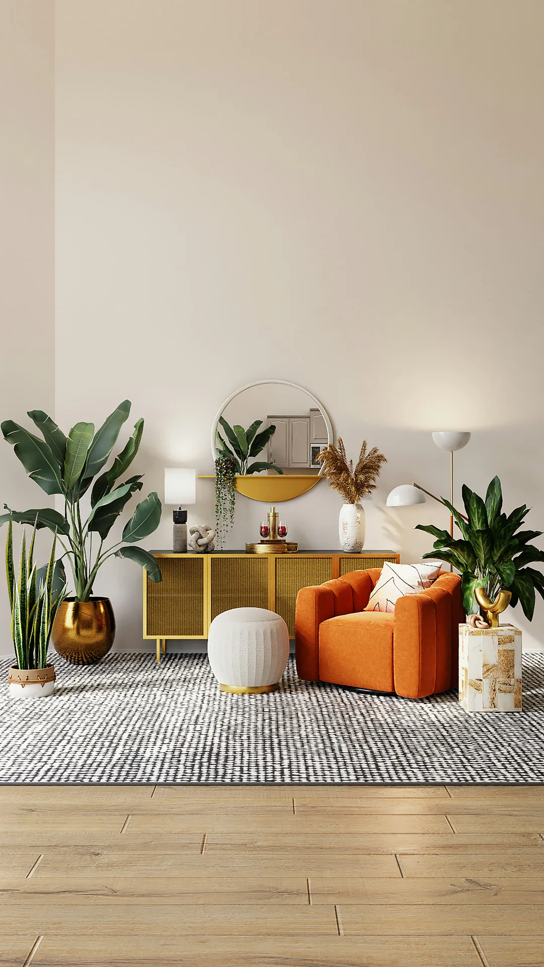 A styled interior with wallpaper in soft natural daylight