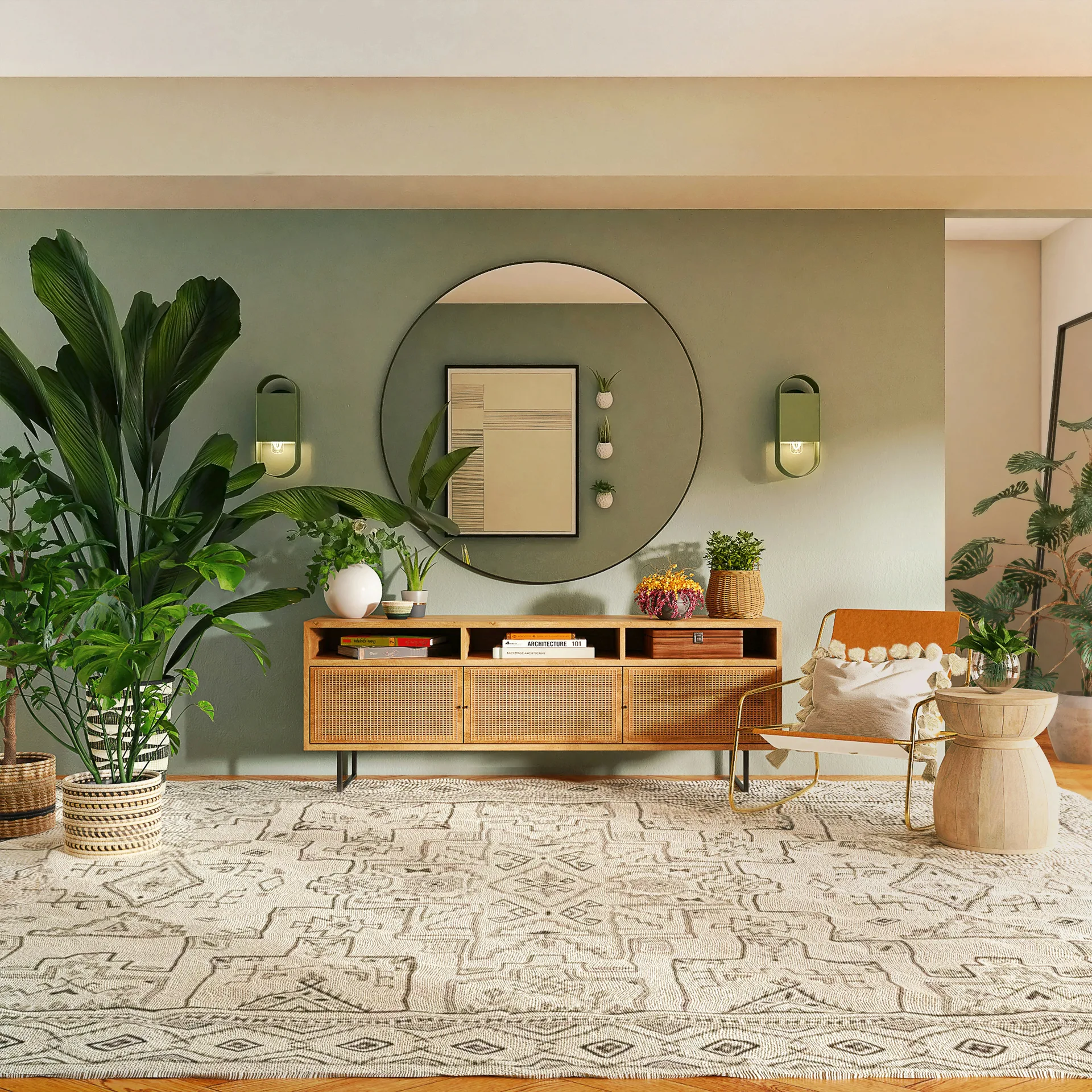 A decorated room showing wallpaper meeting a window and corner in warm daylight