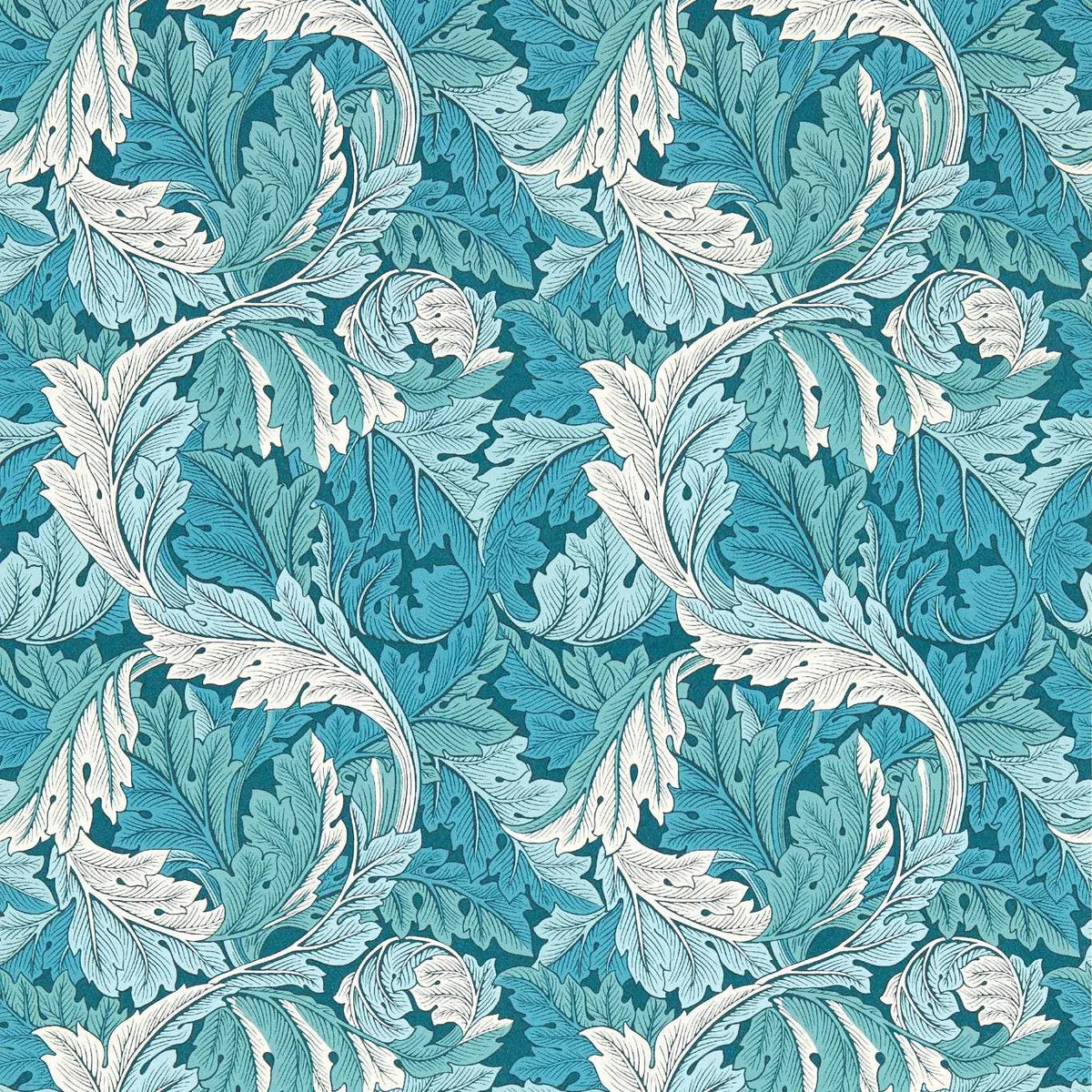 Acanthus wallpaper by Clarke & Clarke, a swirling William Morris leaf design, shown in a room setting