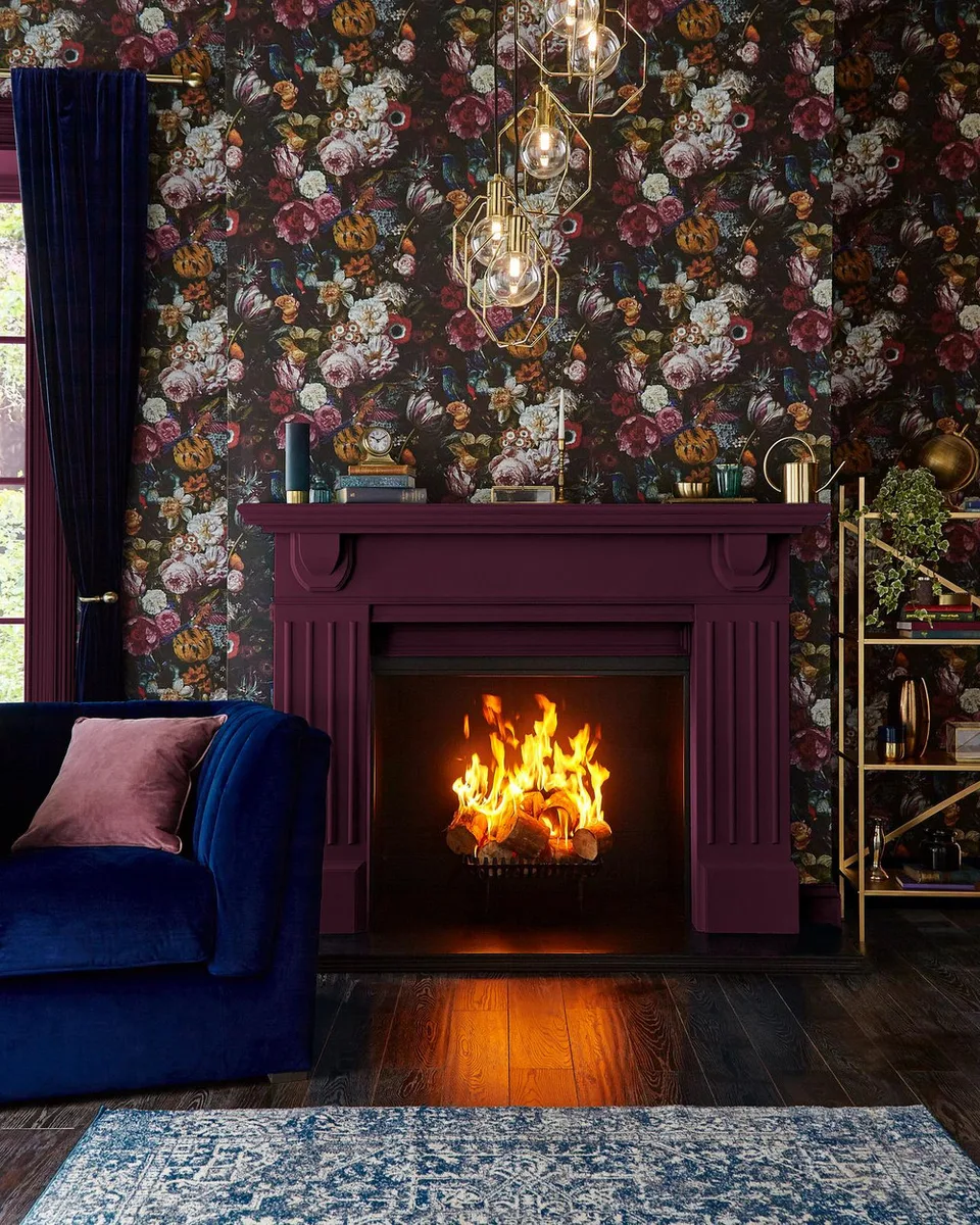 Allure wallpaper by Graham & Brown, a heritage floral on a black ground, hung as a single feature wall