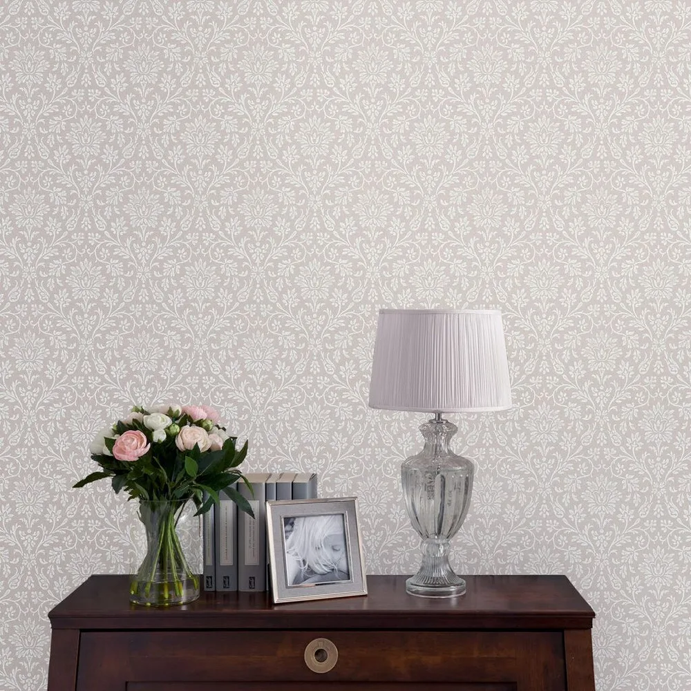 Annecy Dove Grey wallpaper by Laura Ashley, a small-scale grey damask taken round a whole room