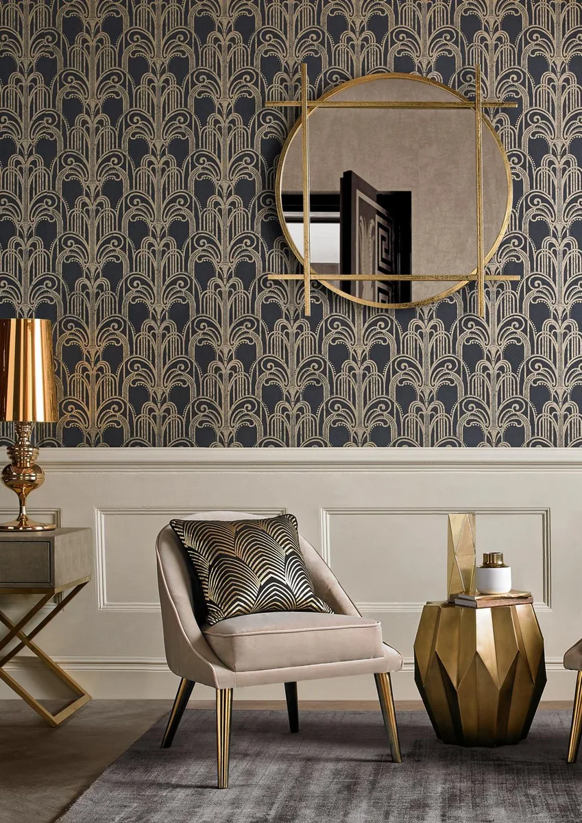 Art Deco Black and Gold wallpaper by Graham & Brown, gold metallic fan motif on a black textured ground