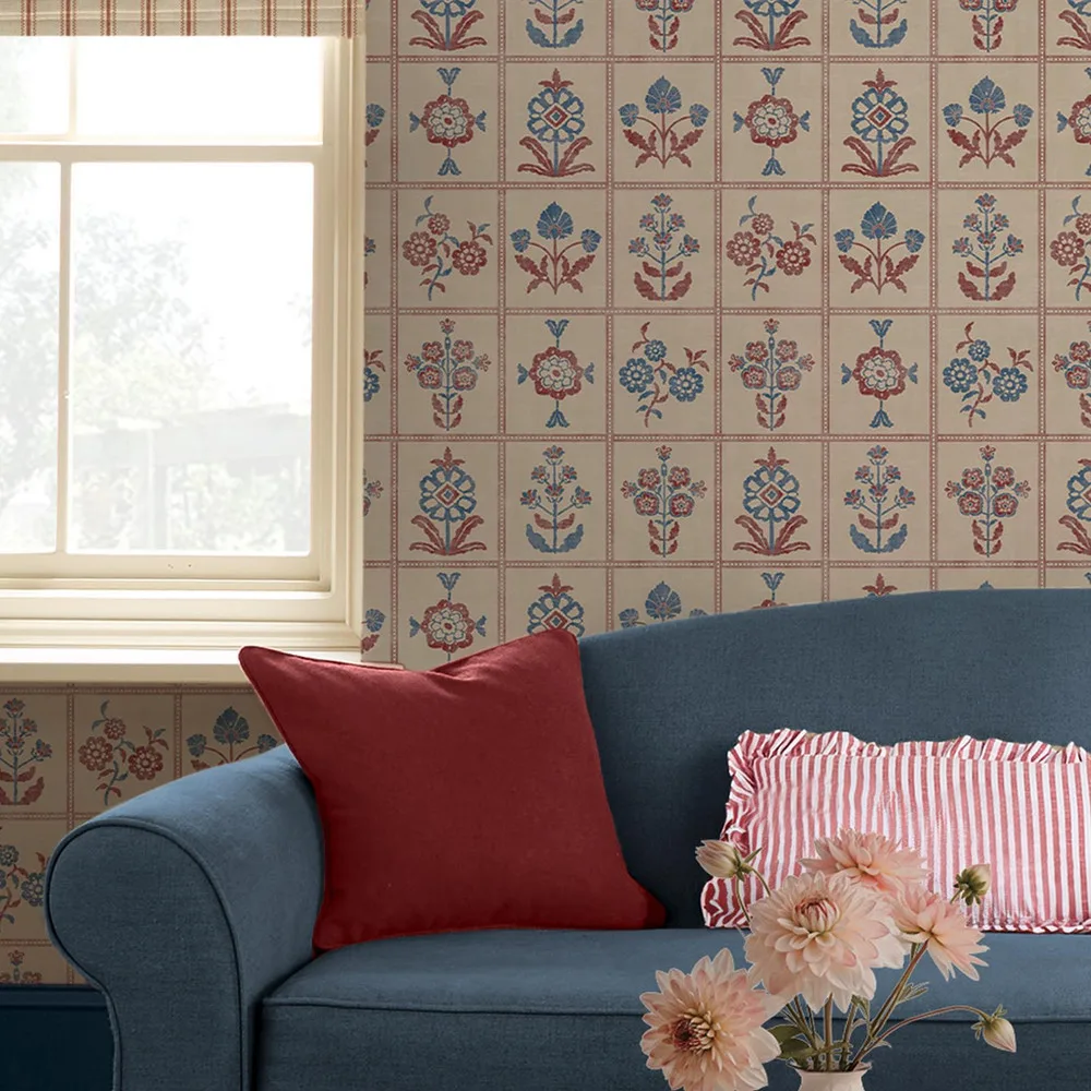 Garden Floral Grid wallpaper by Joules, a fresh green botanical grid on a pale ground