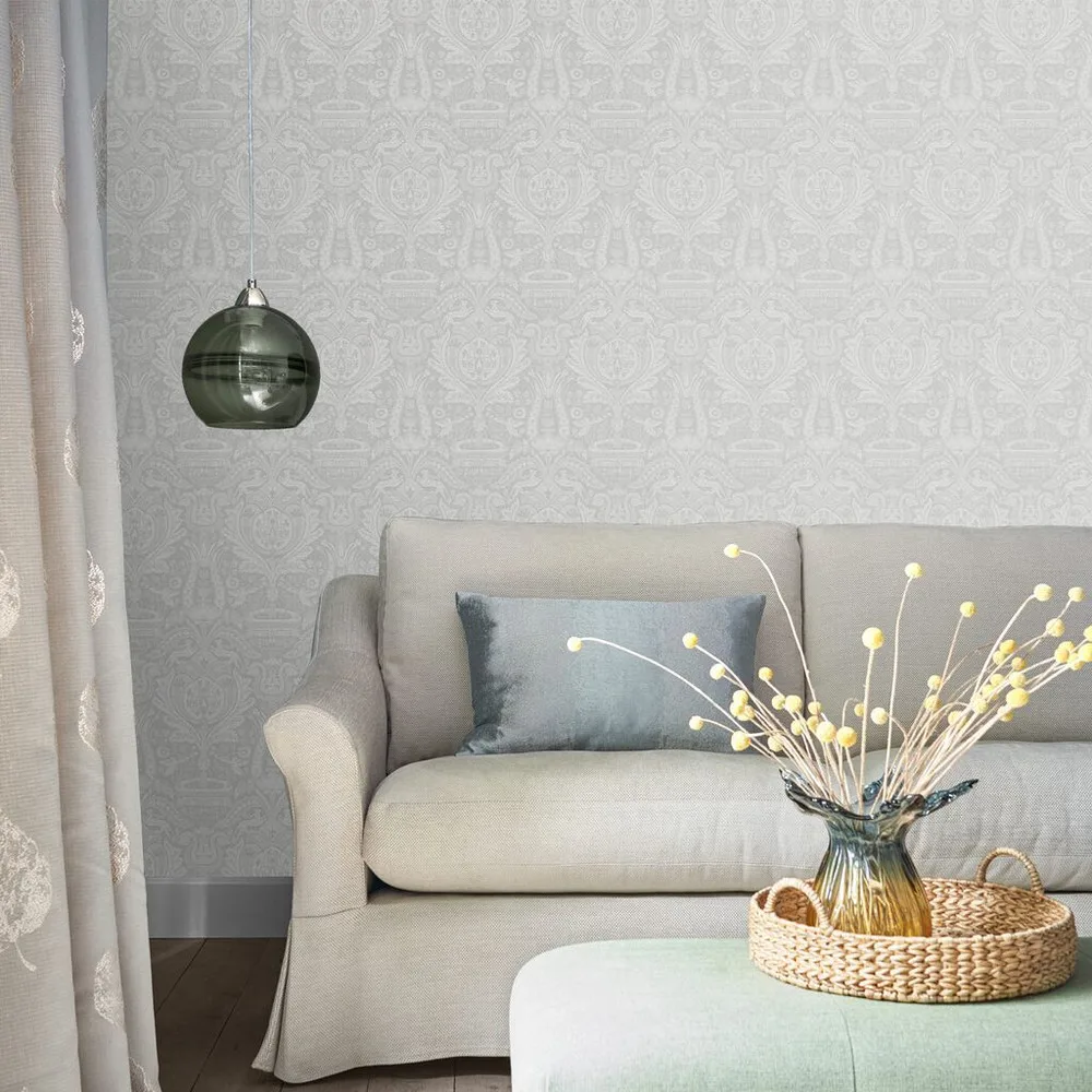 Laura Ashley Heraldic Damask wallpaper in Slate Grey, a formal damask pattern in soft grey tones