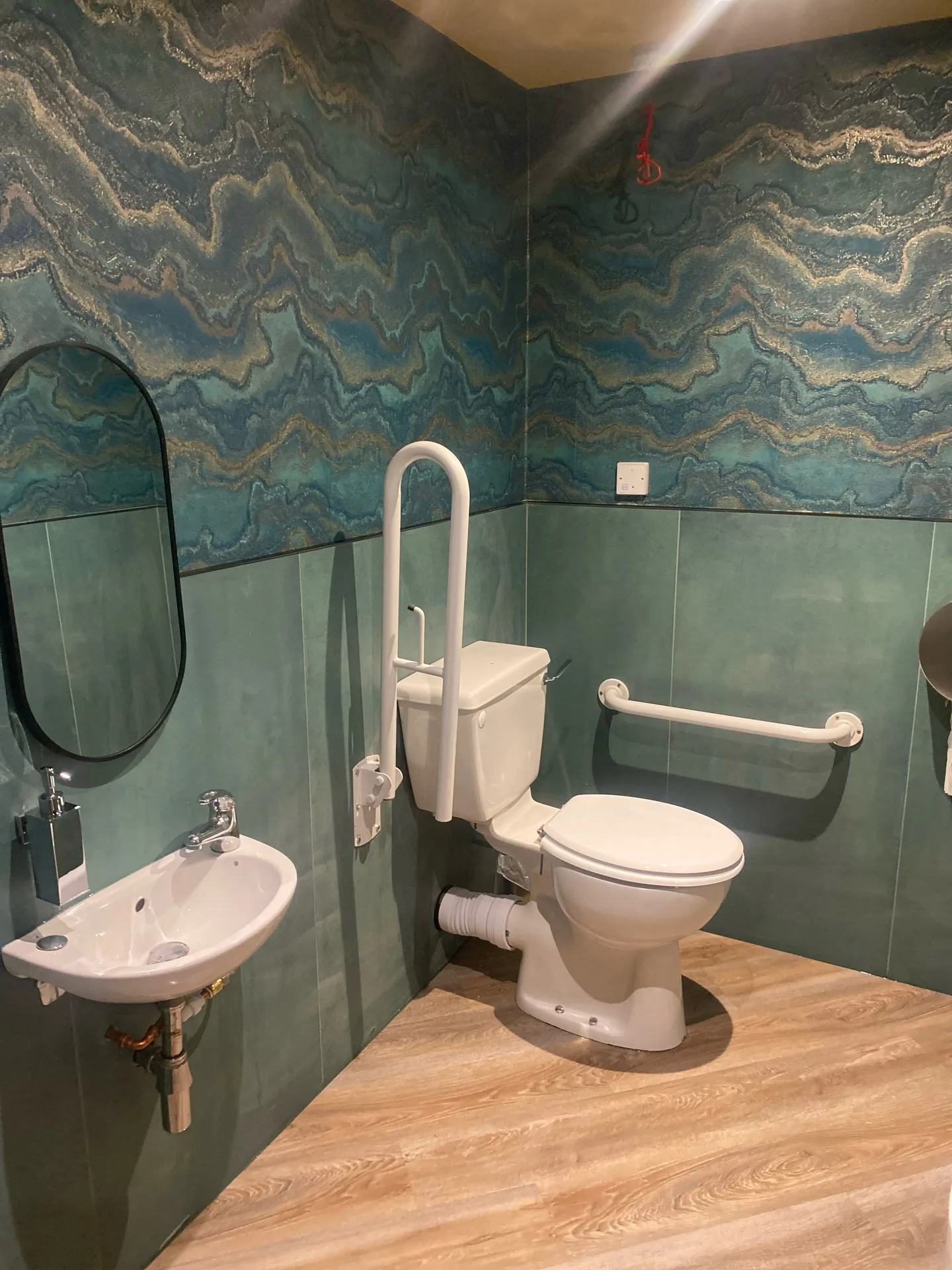 Blue and gold agate-effect wallpaper above a soft green dado in the function room cloakroom