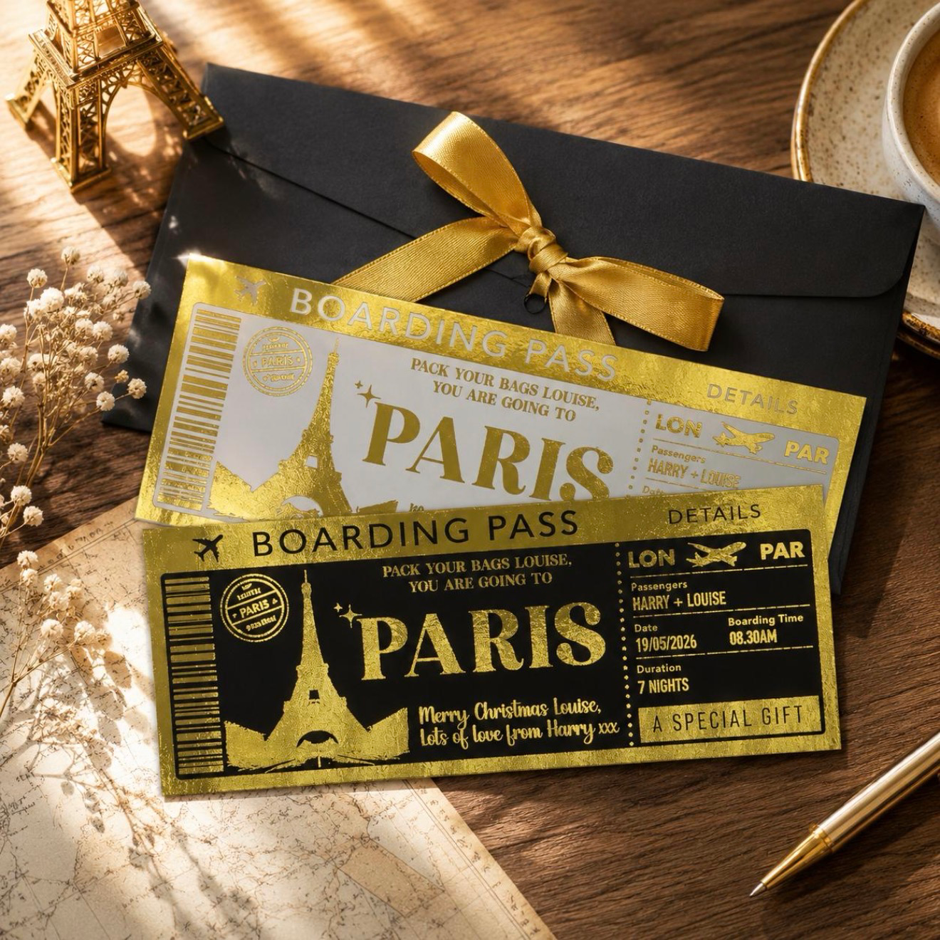 Personalised foiled boarding pass ticket for a surprise trip reveal