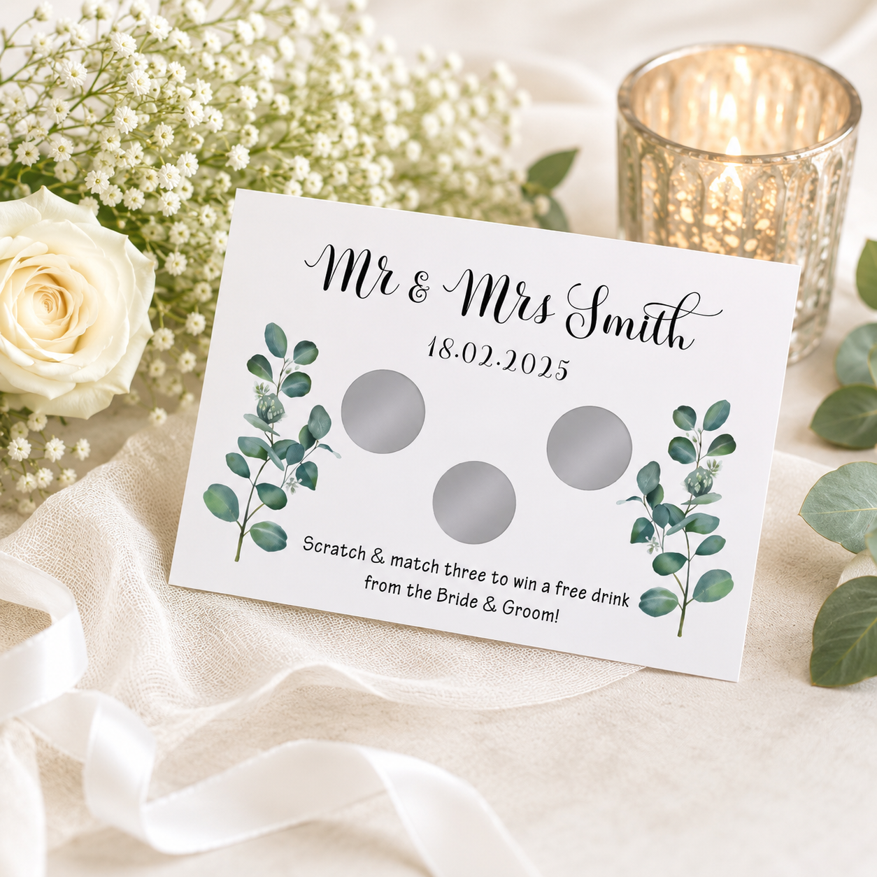 Personalised wedding favour scratch card in the eucalyptus design, printed with the couple's names