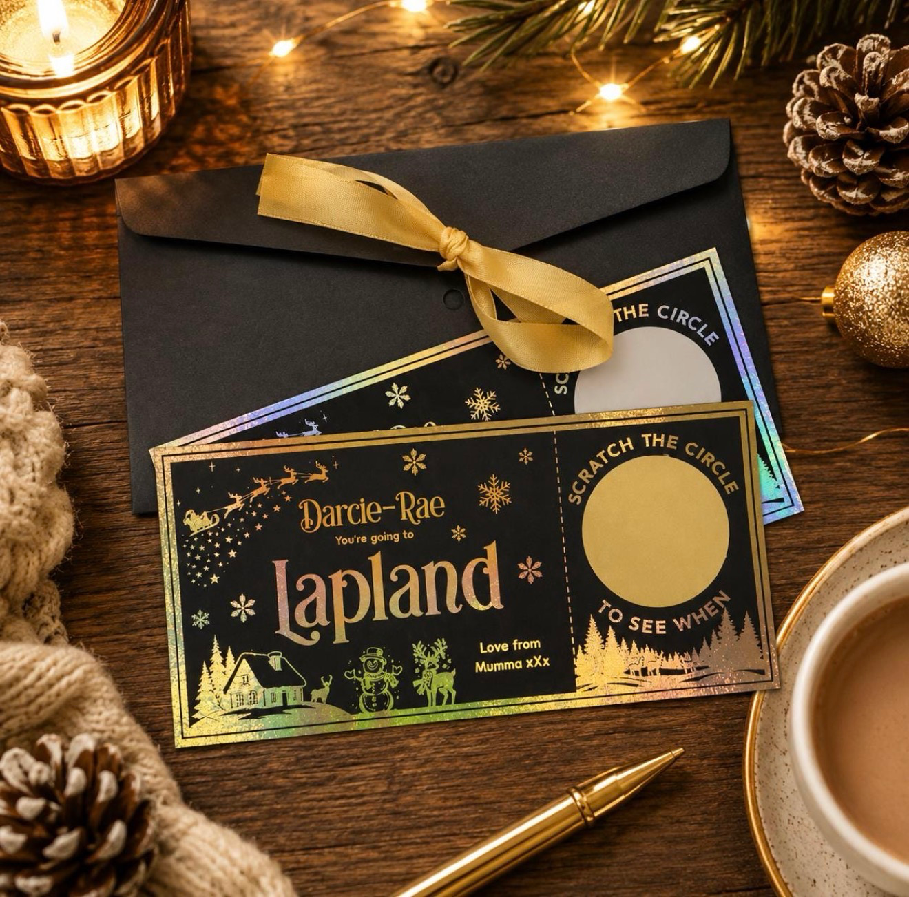 Personalised foiled Lapland ticket with a scratch off panel hiding the travel date
