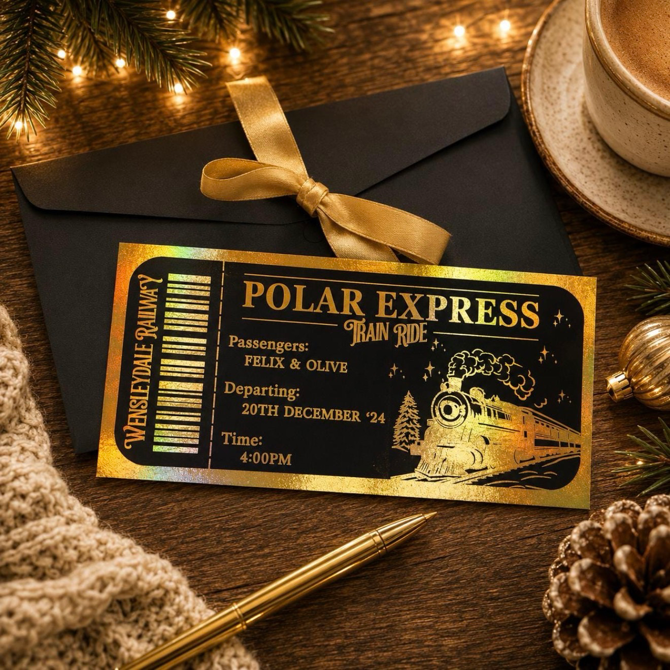 Foiled Polar Express style Christmas gift ticket personalised with passenger names and a departure time