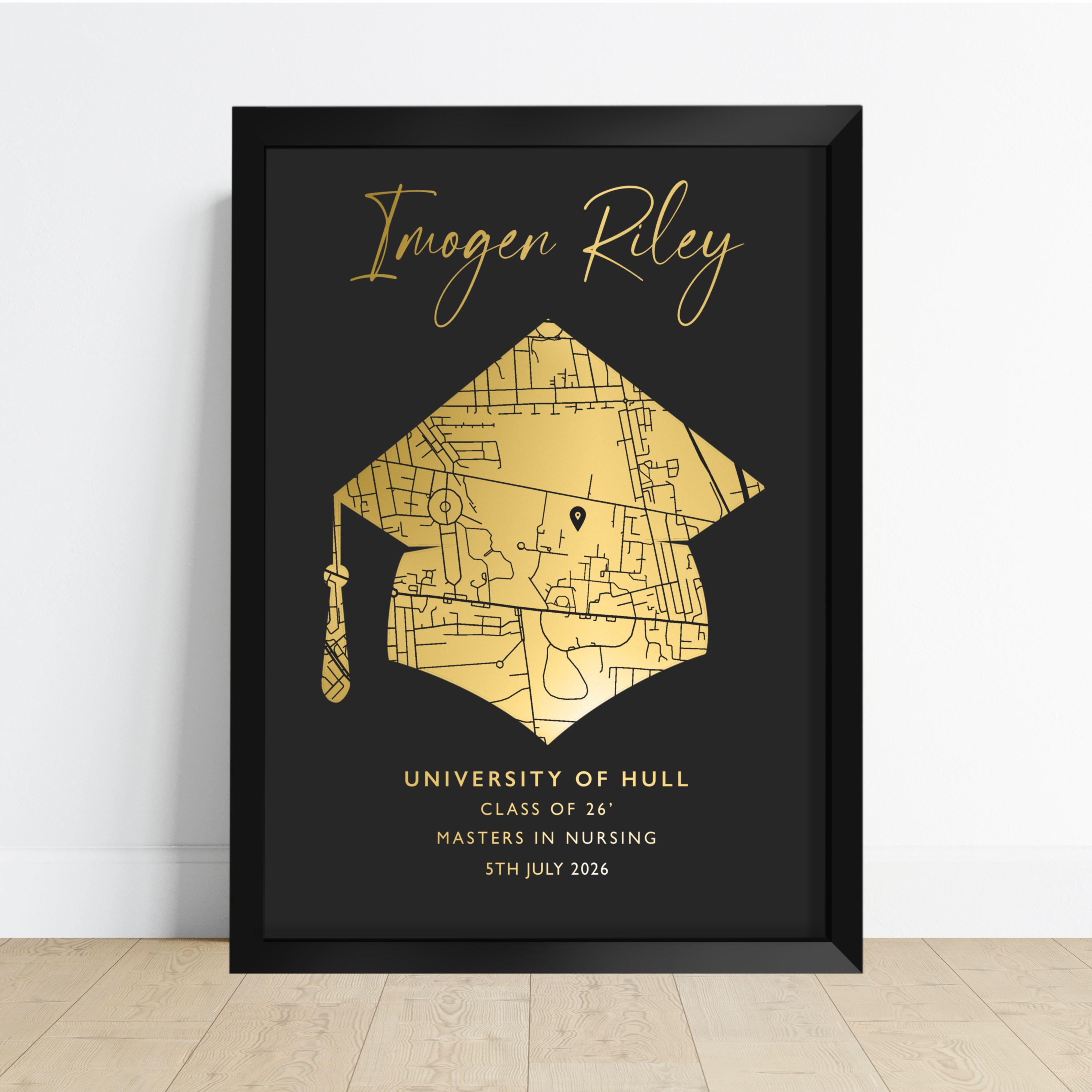 Personalised foiled graduation print with metallic foil lettering on card, showing the graduate's name and degree details