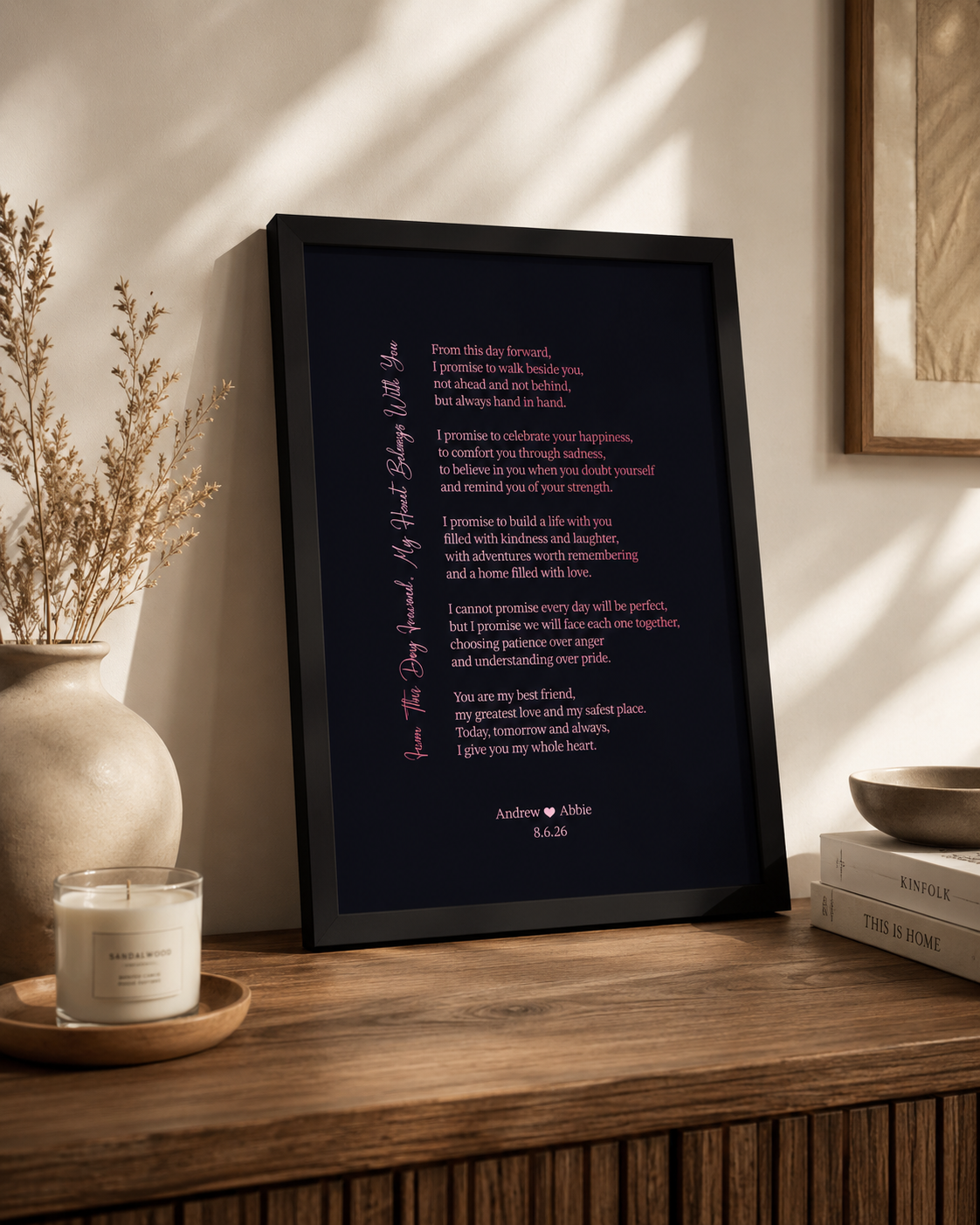 Personalised poem or wedding vows print with metallic foil lettering on white card