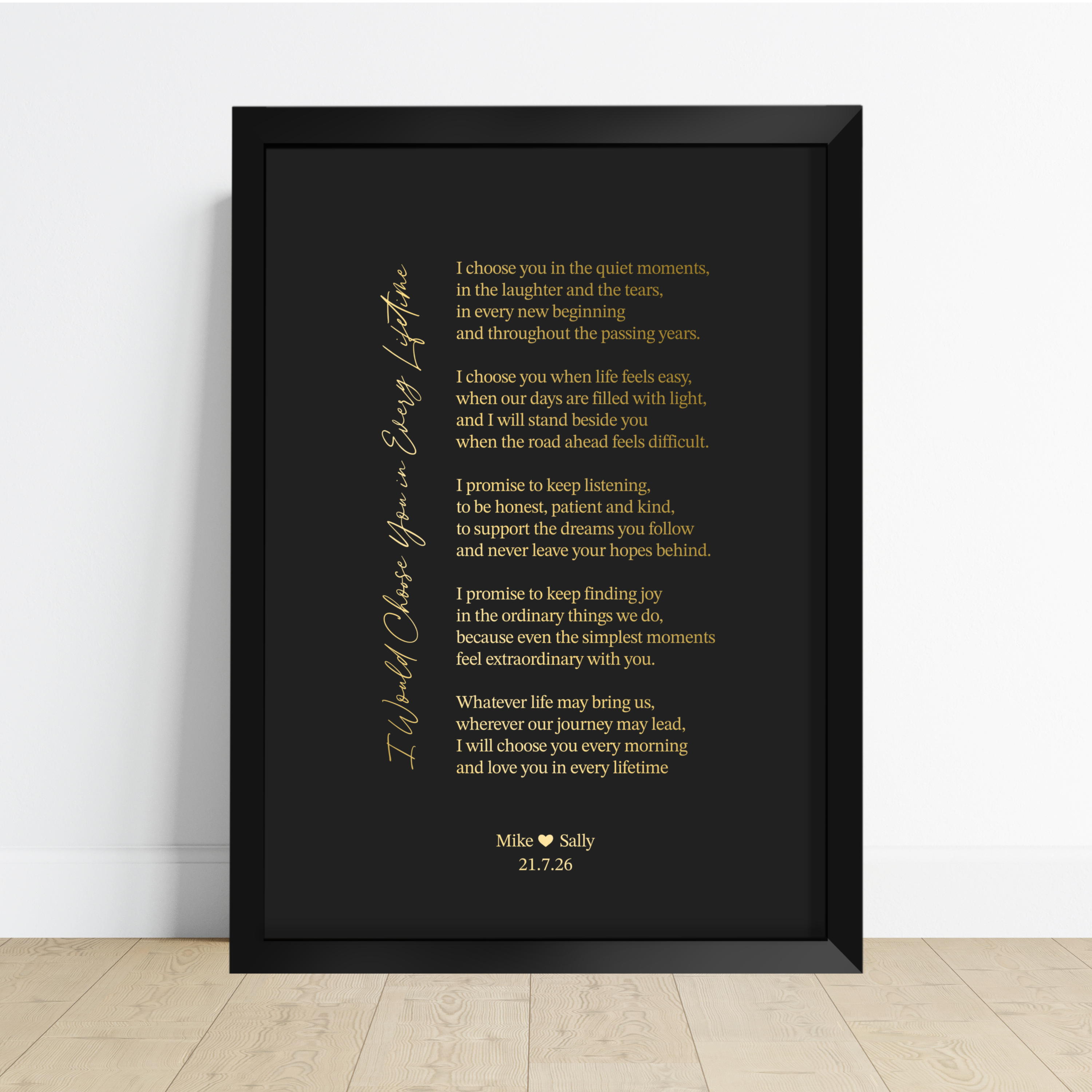 Personalised foil print of a couple's wedding vows with their names and date
