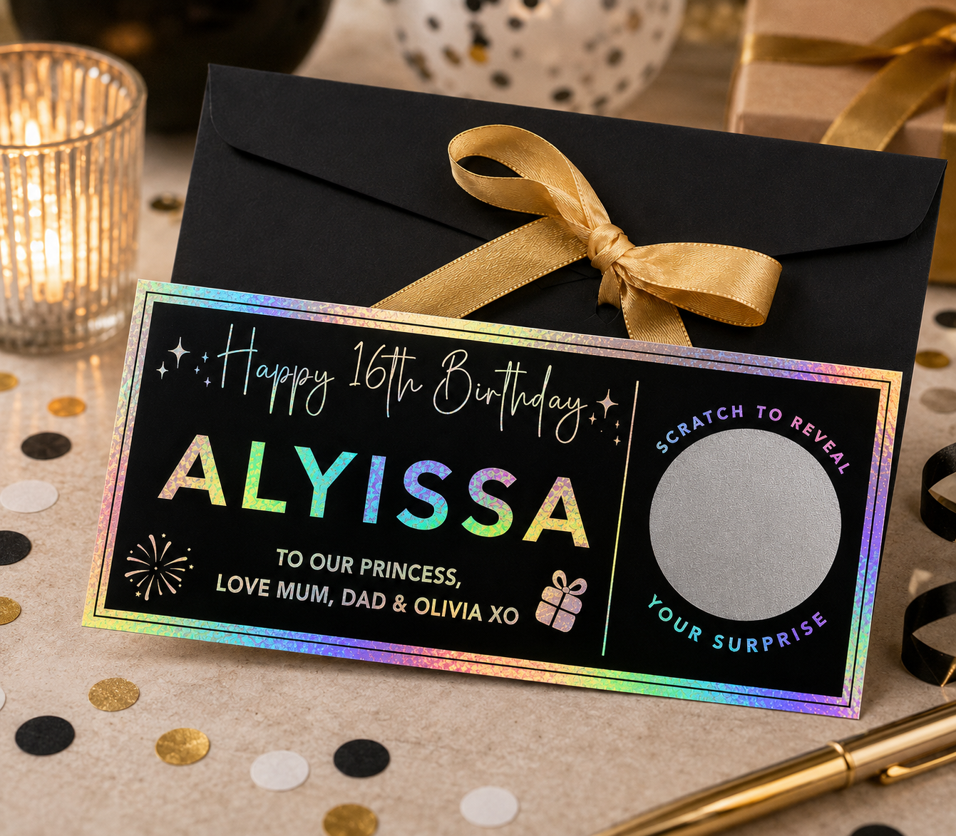 Personalised Happy Birthday foiled scratch reveal ticket