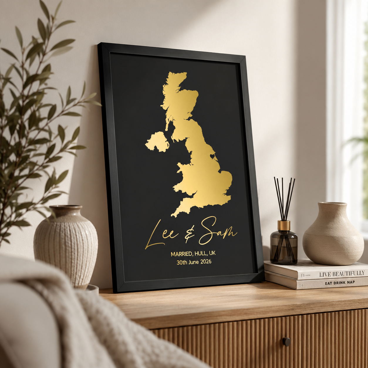 Personalised foil map print of a couple's wedding location with their names and date