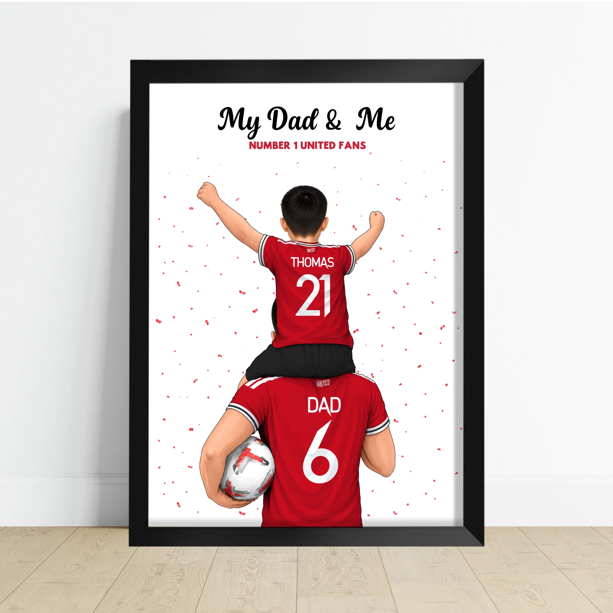 Personalised Daddy and Me football print showing a dad with one child on his shoulders in matching team kits