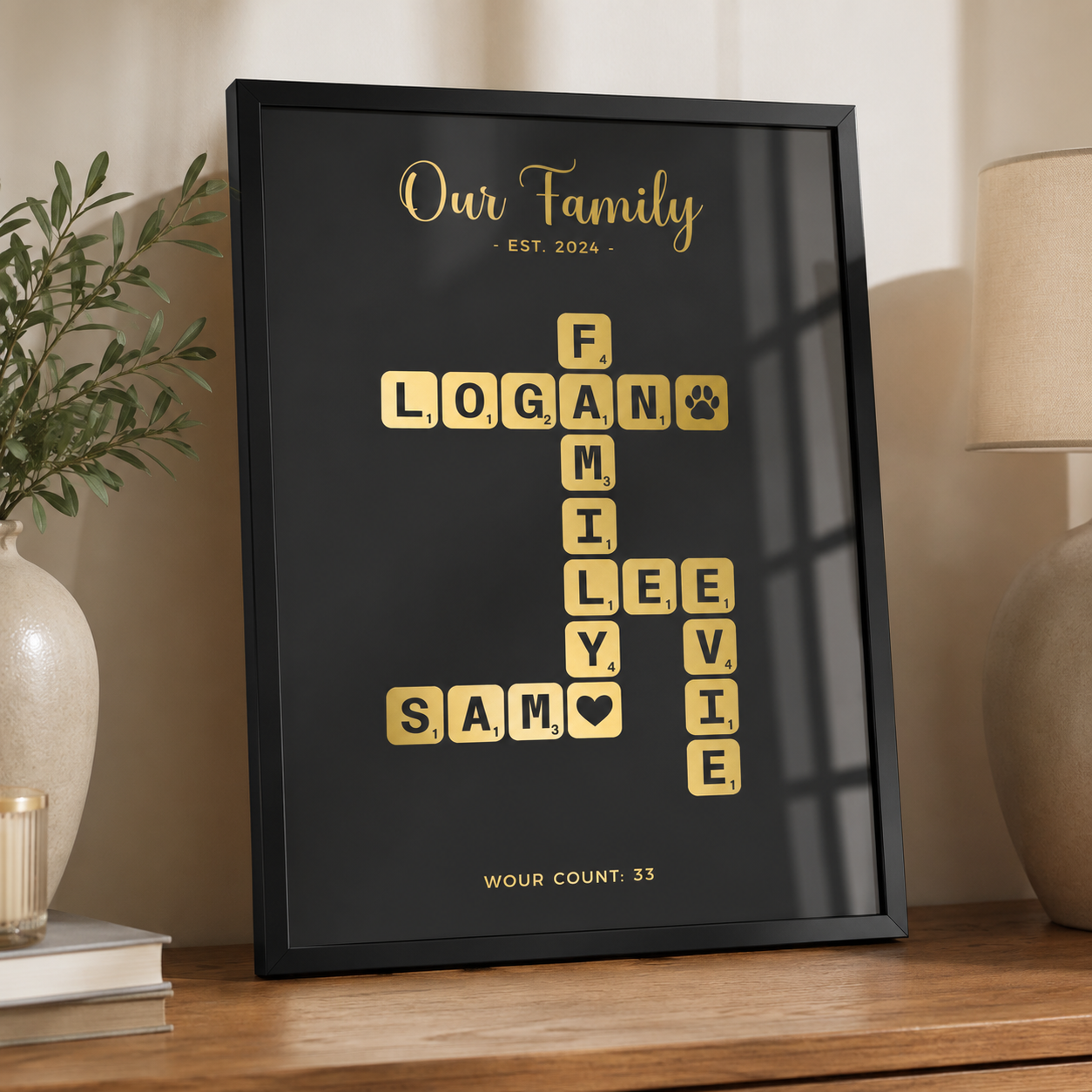 Personalised family Scrabble-style name print, family names set as connected foiled letter tiles