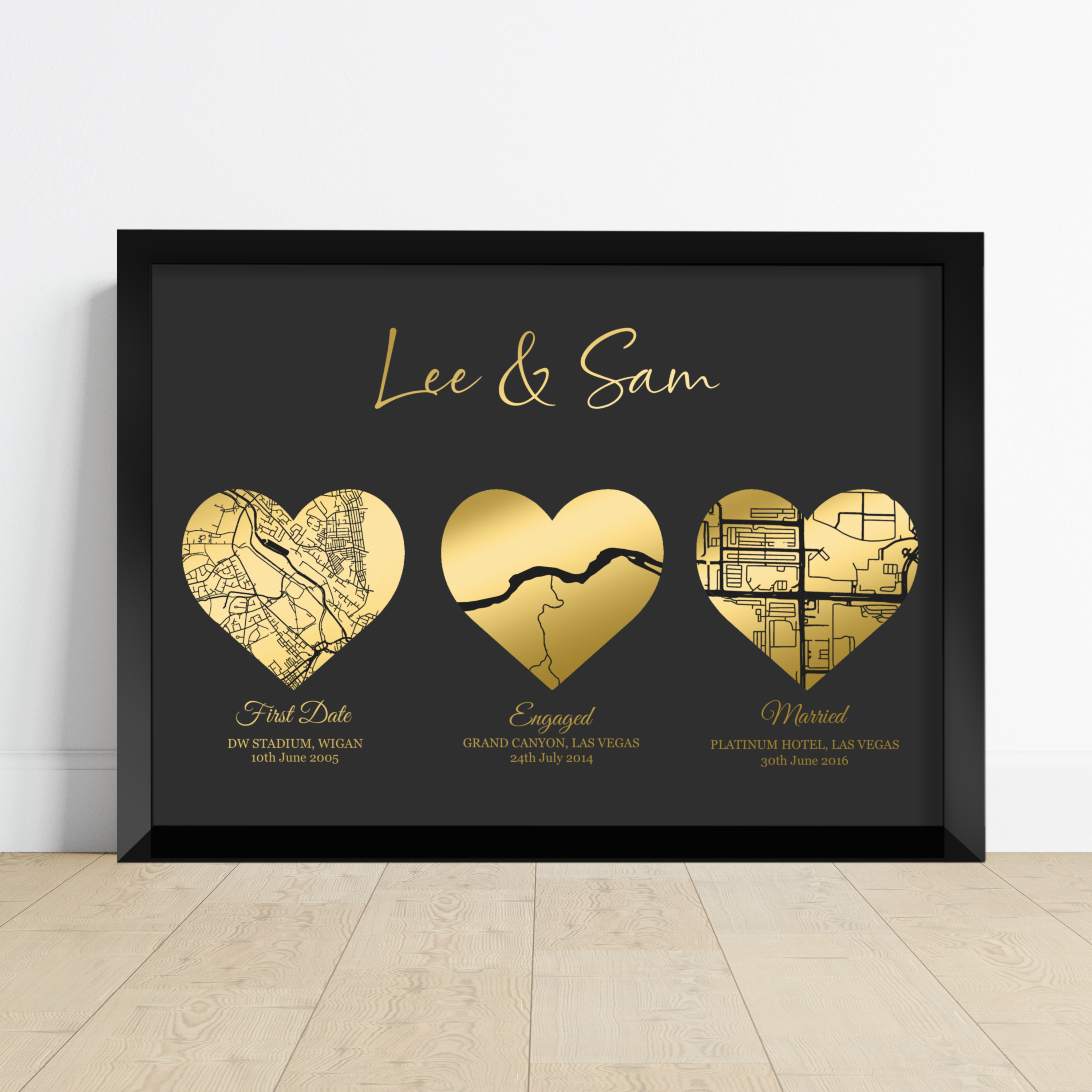 Personalised foil love story map print with three hearts marking a couple's meaningful locations