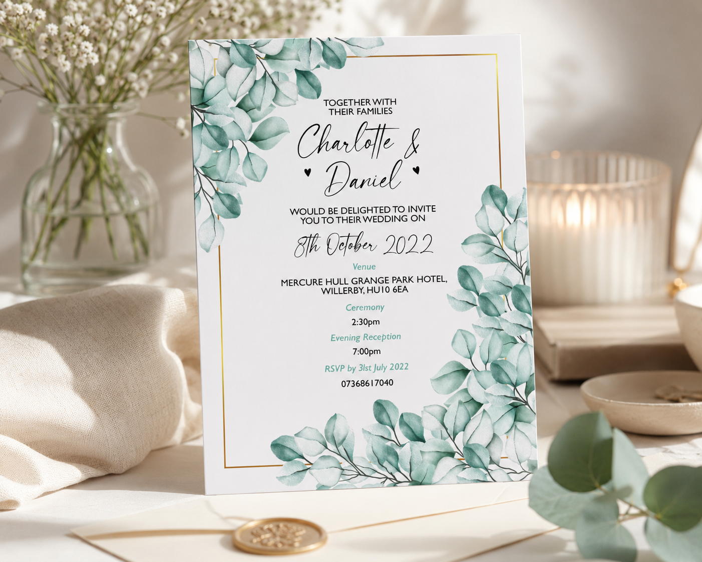 Personalised eucalyptus wedding invitation with watercolour greenery and a gold effect border on textured card