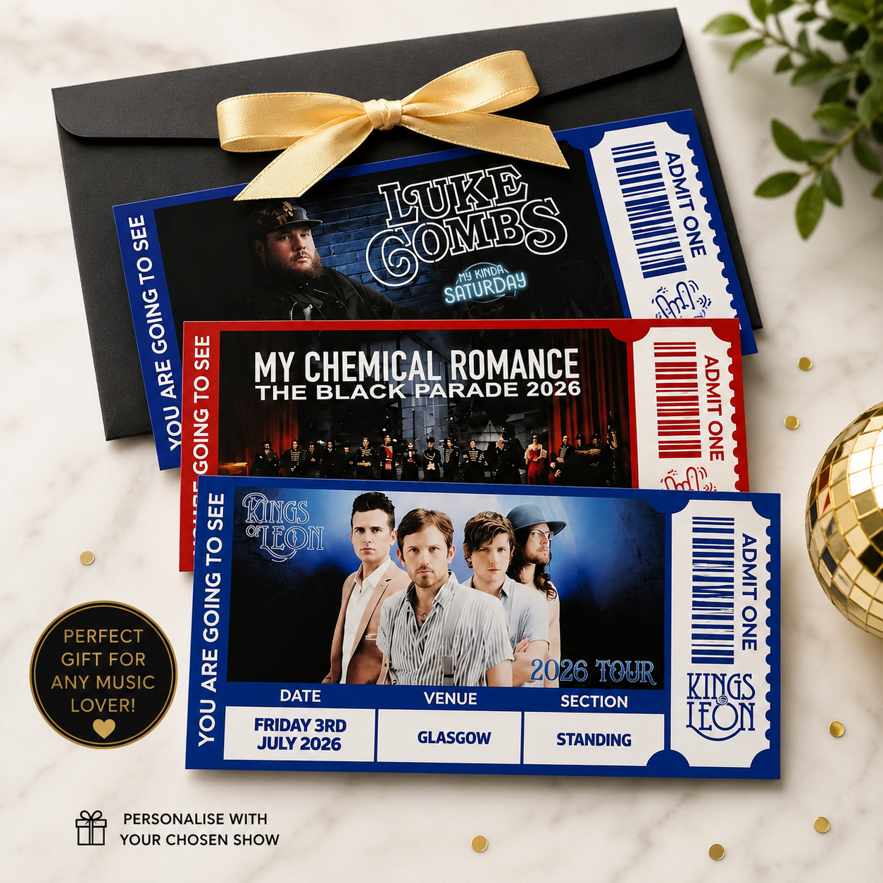 Personalised foiled gig ticket keepsake with a picture of the act added to the design