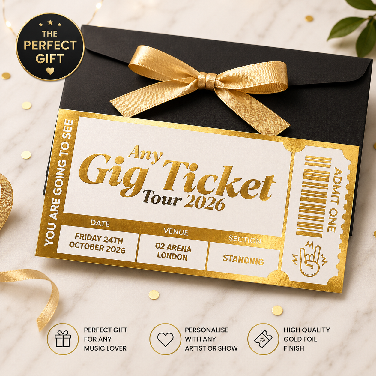 Personalised foiled concert ticket keepsake with the concert name, venue and date in foil