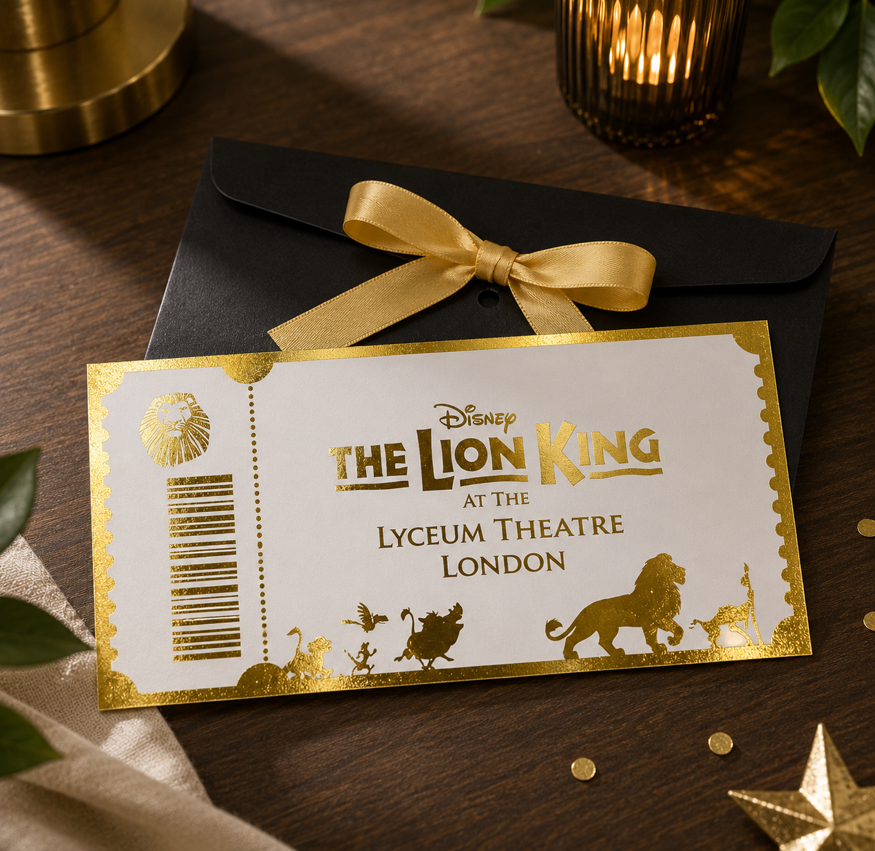 Personalised foiled theatre and show ticket keepsake with the show name, venue and date