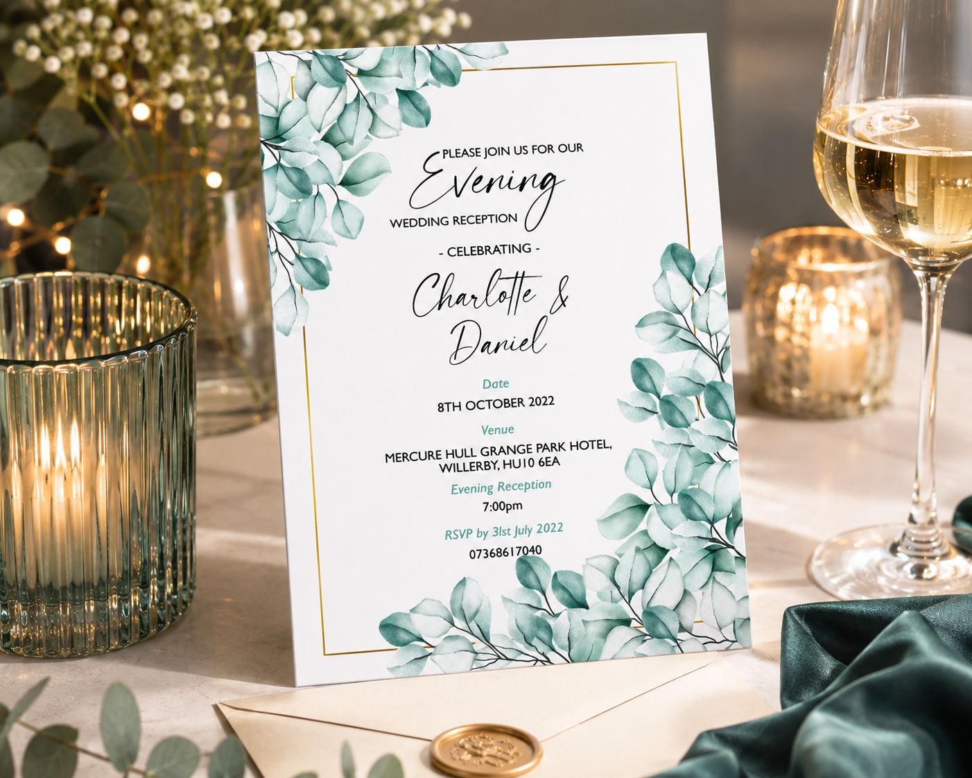 Personalised eucalyptus evening wedding invitation on 300gsm textured card with white envelope