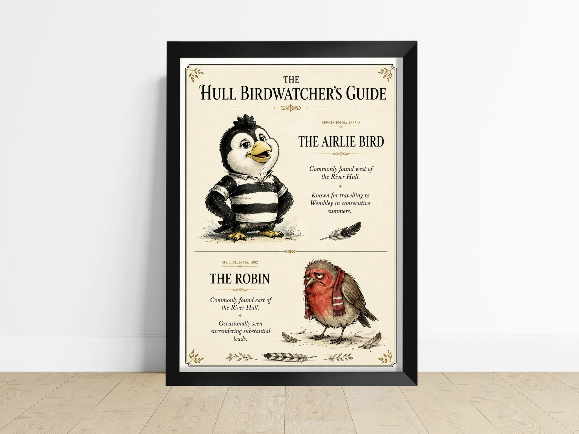 Hull Birdwatcher's Guide print, a vintage natural history style illustration of the Airlie Bird and the Robin