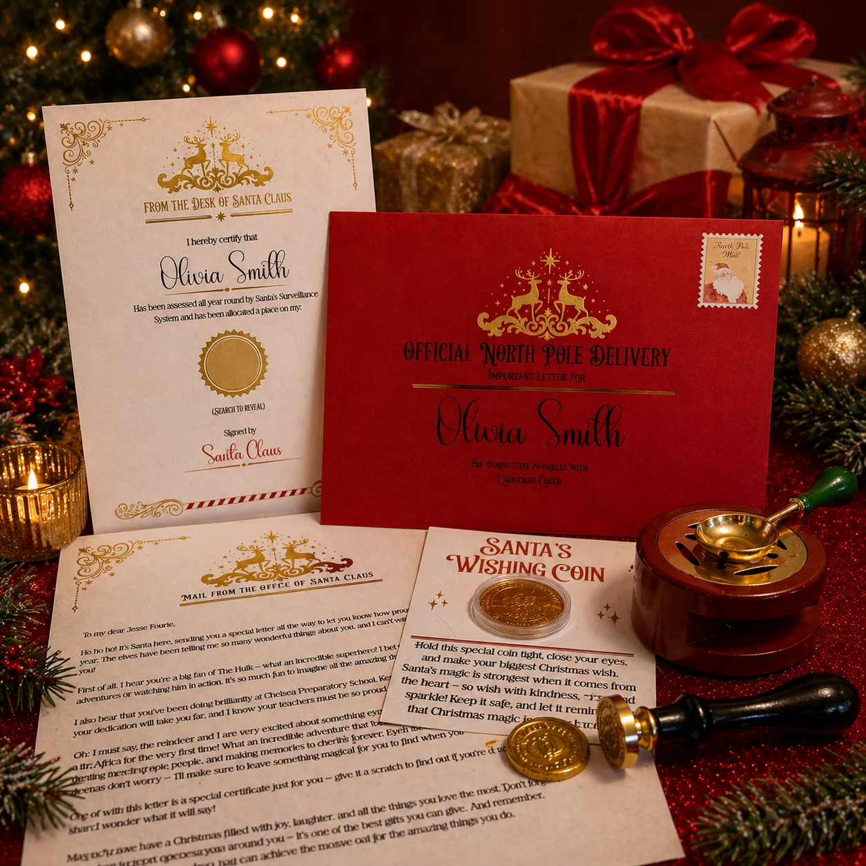 Luxury personalised letter from Santa with gold foiling, a scratch off certificate and a golden wishing coin