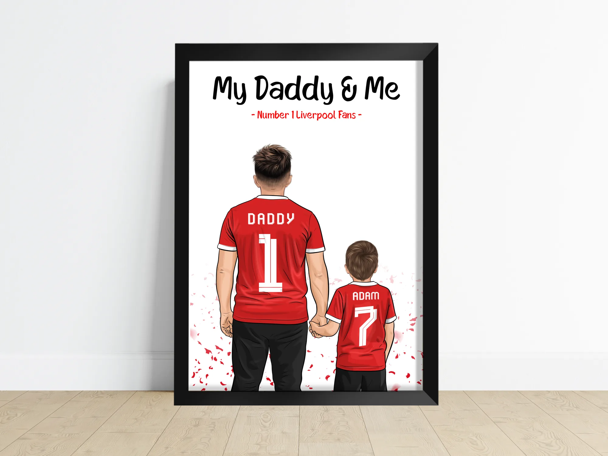 Personalised illustrated print of a dad and child in matching football kit