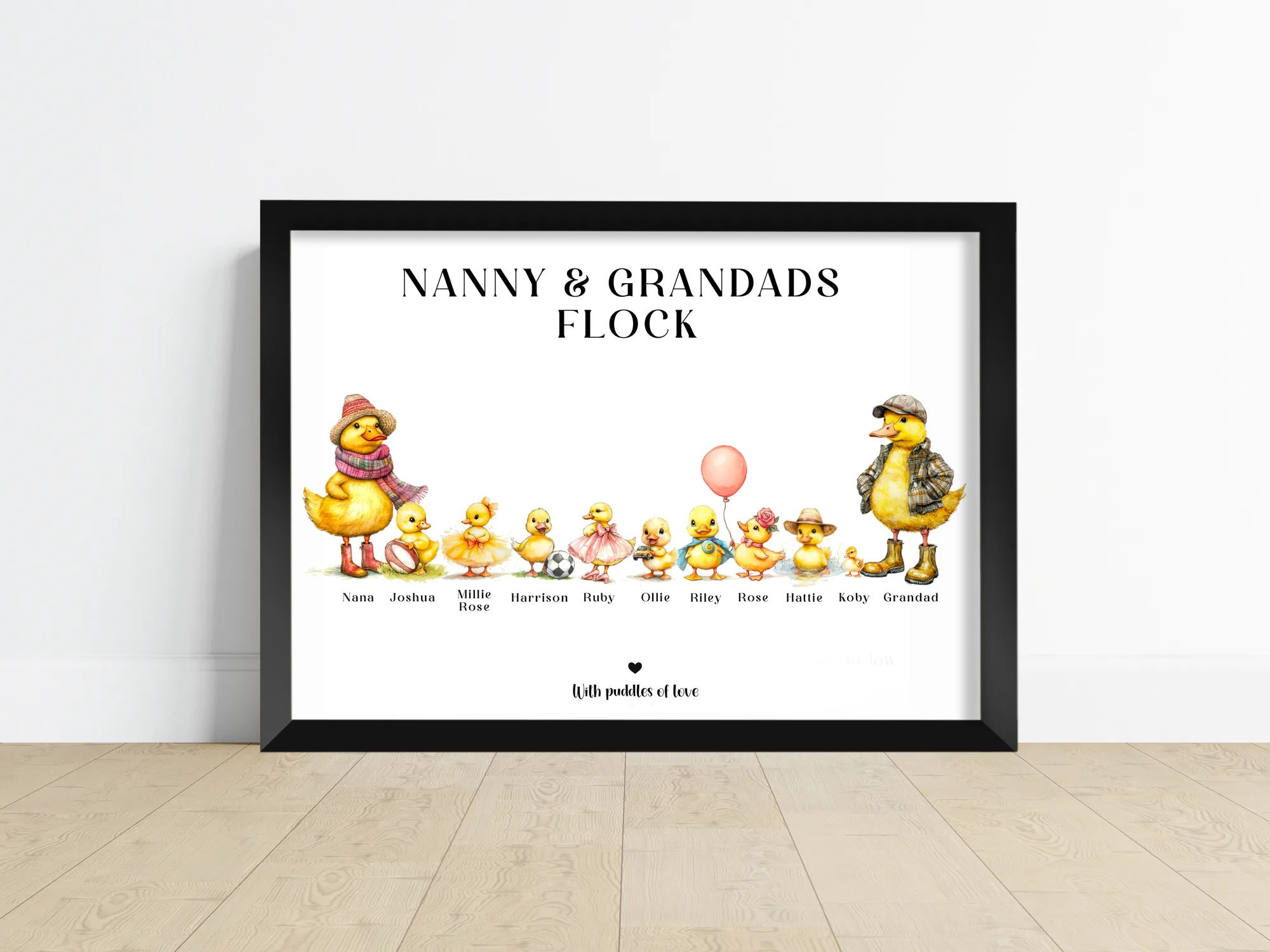 Personalised Grandparents Flock Picture, an illustrated chick for every grandchild with the family's own title above it