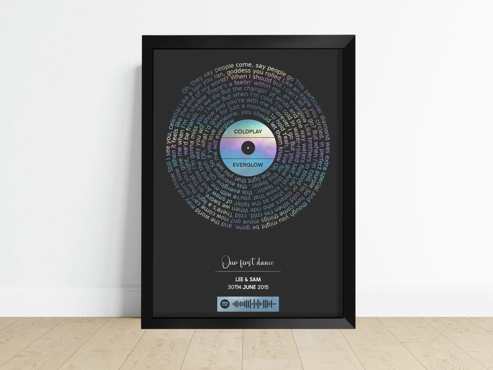 Personalised foiled song lyric print with a scannable Spotify code, made by Duffy's Creations