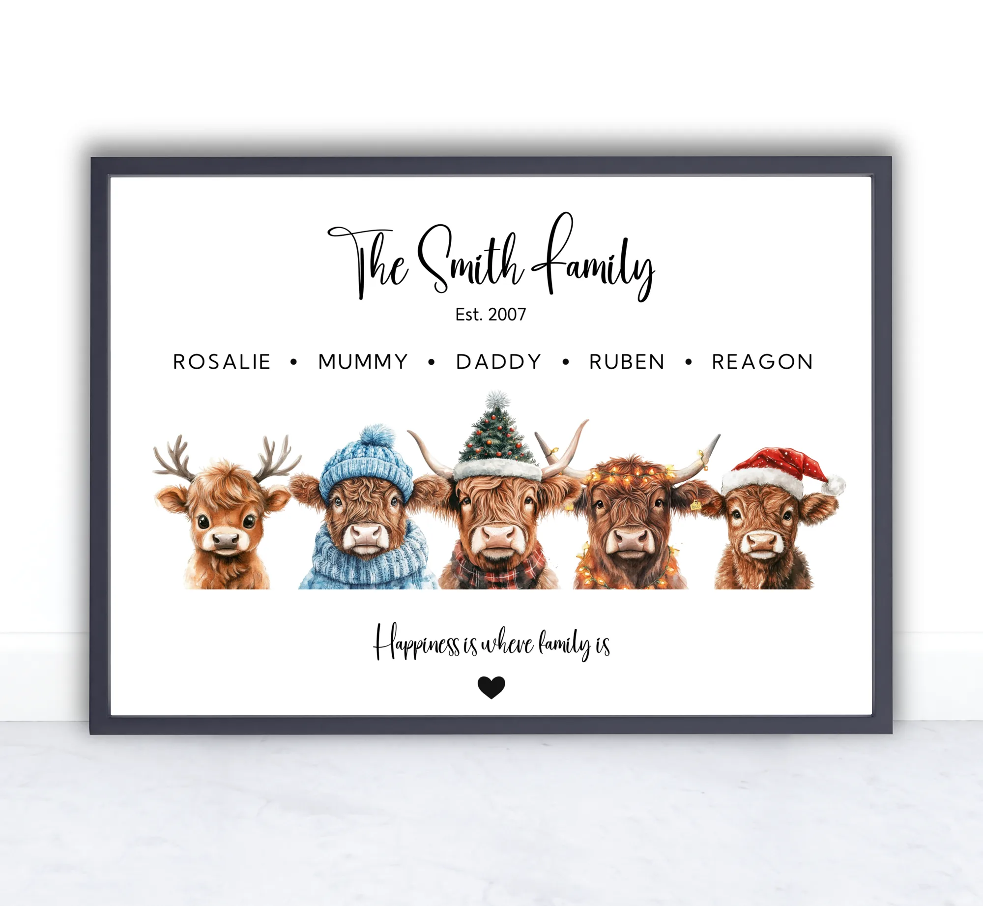 Personalised Christmas Highland Cow Family Print with a named cow for each family member