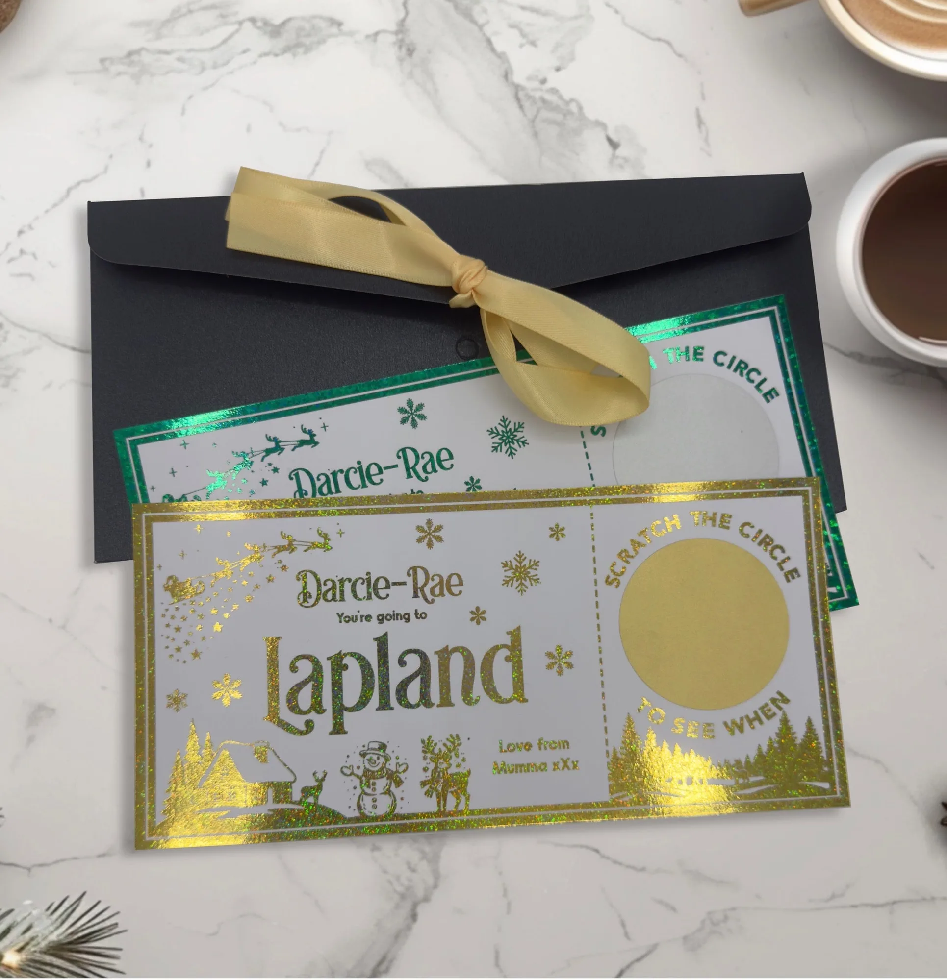 Personalised Lapland foiled ticket with snowflake design and a scratch reveal date panel