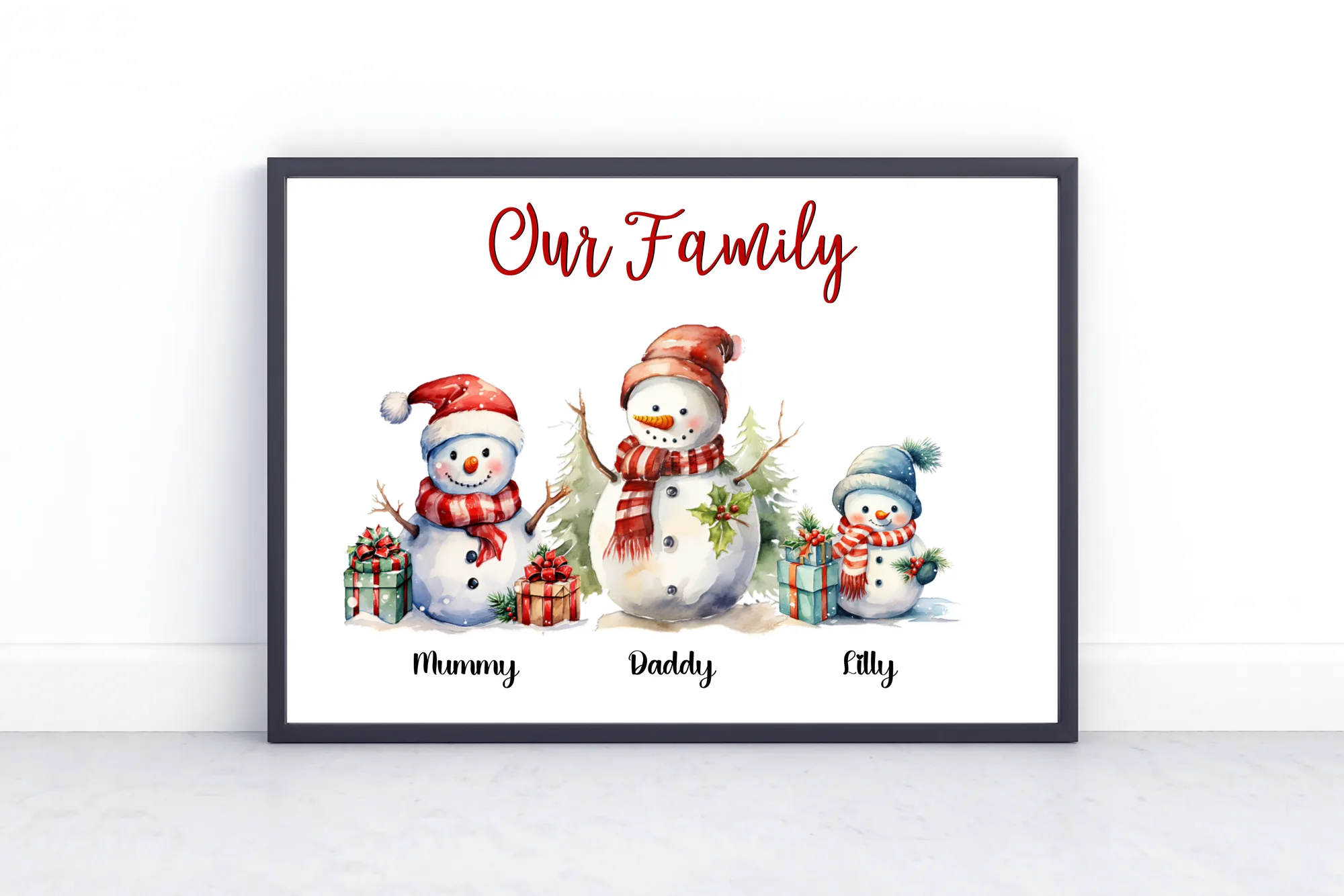 Personalised Christmas Family Snowman Print with a snowman and name for each family member