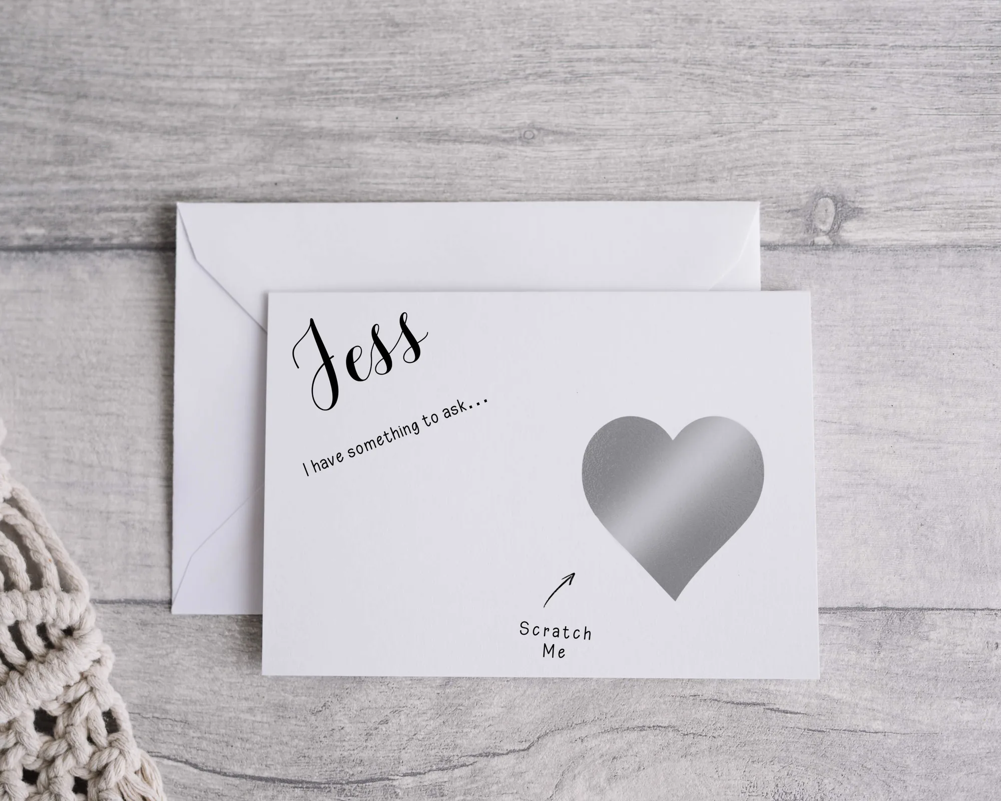 Personalised bridesmaid proposal scratch card with a heart design, hiding the will you be my bridesmaid message