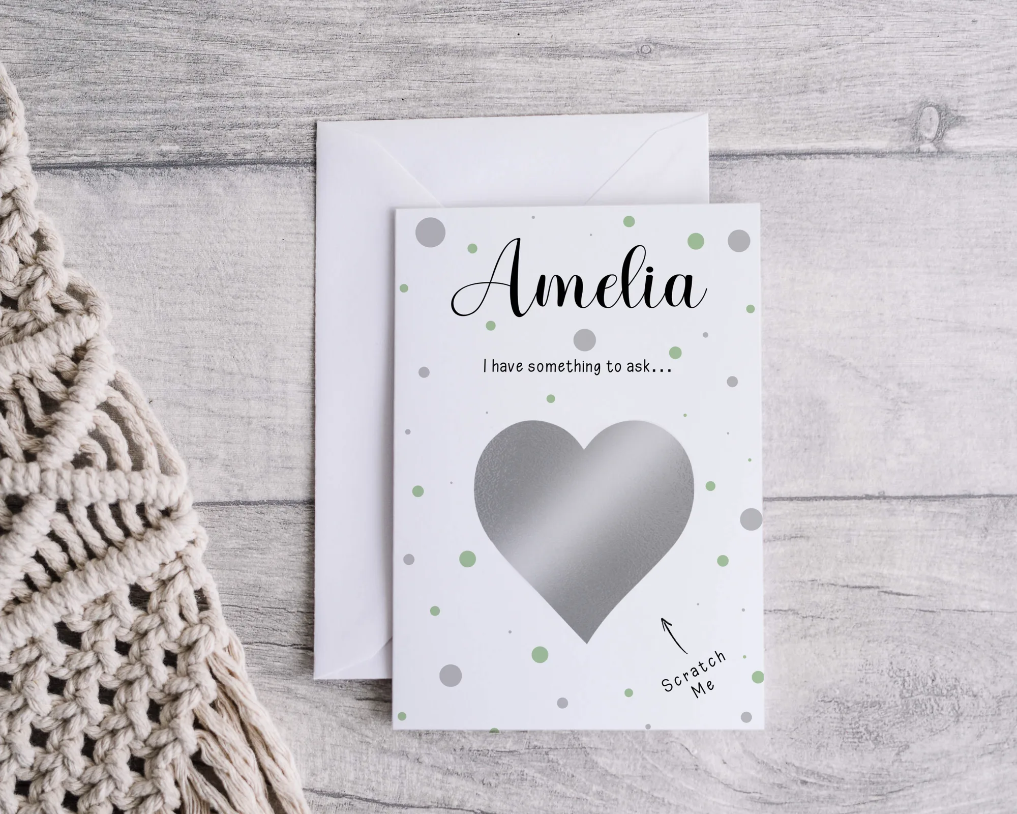 Personalised bridesmaid proposal scratch card in the sage green dots design, printed with her name