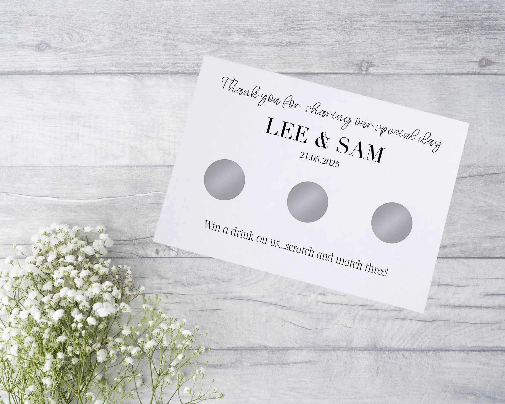 Personalised wedding favour scratch card, Thank You design