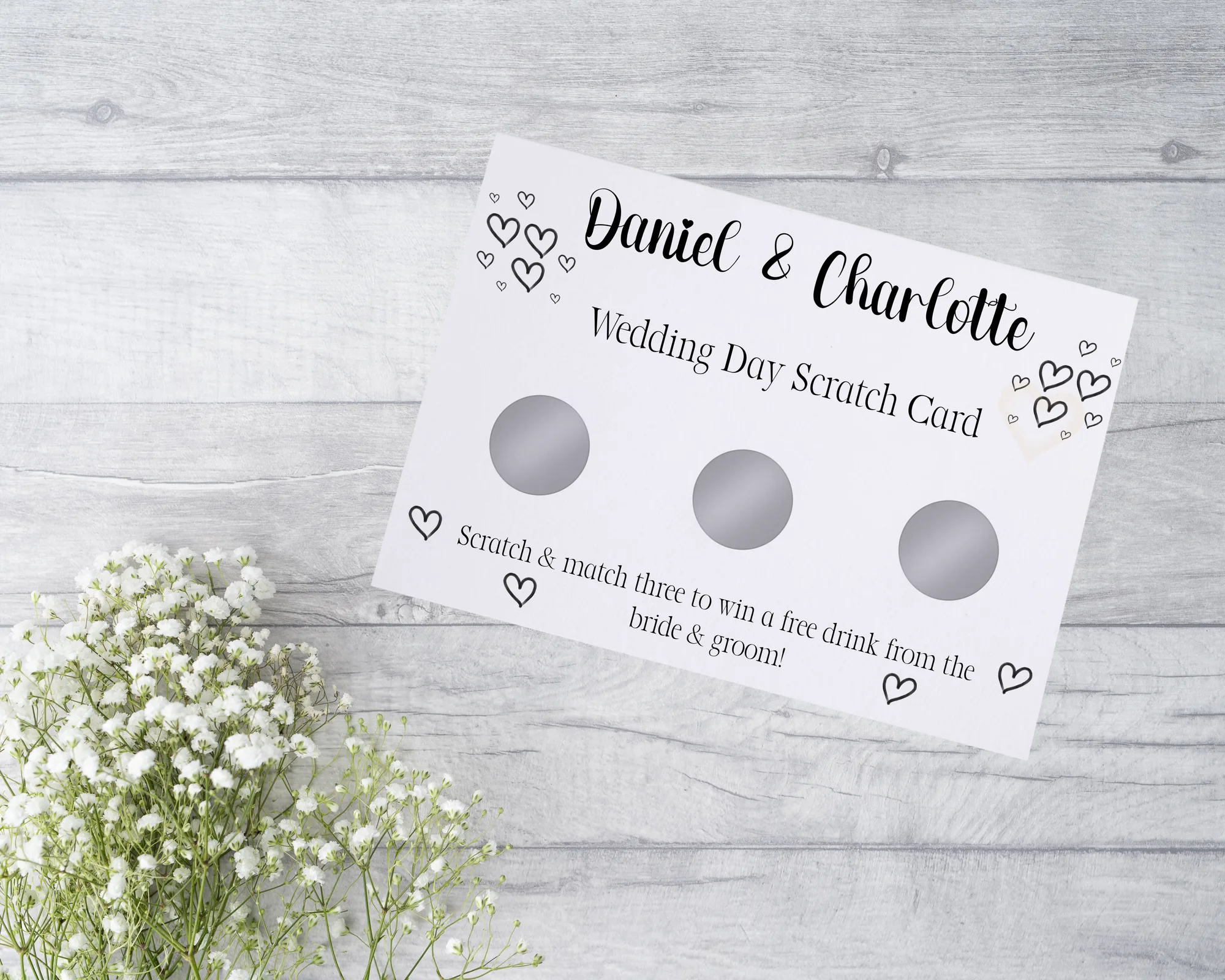 Personalised wedding favour scratch card, Heart design