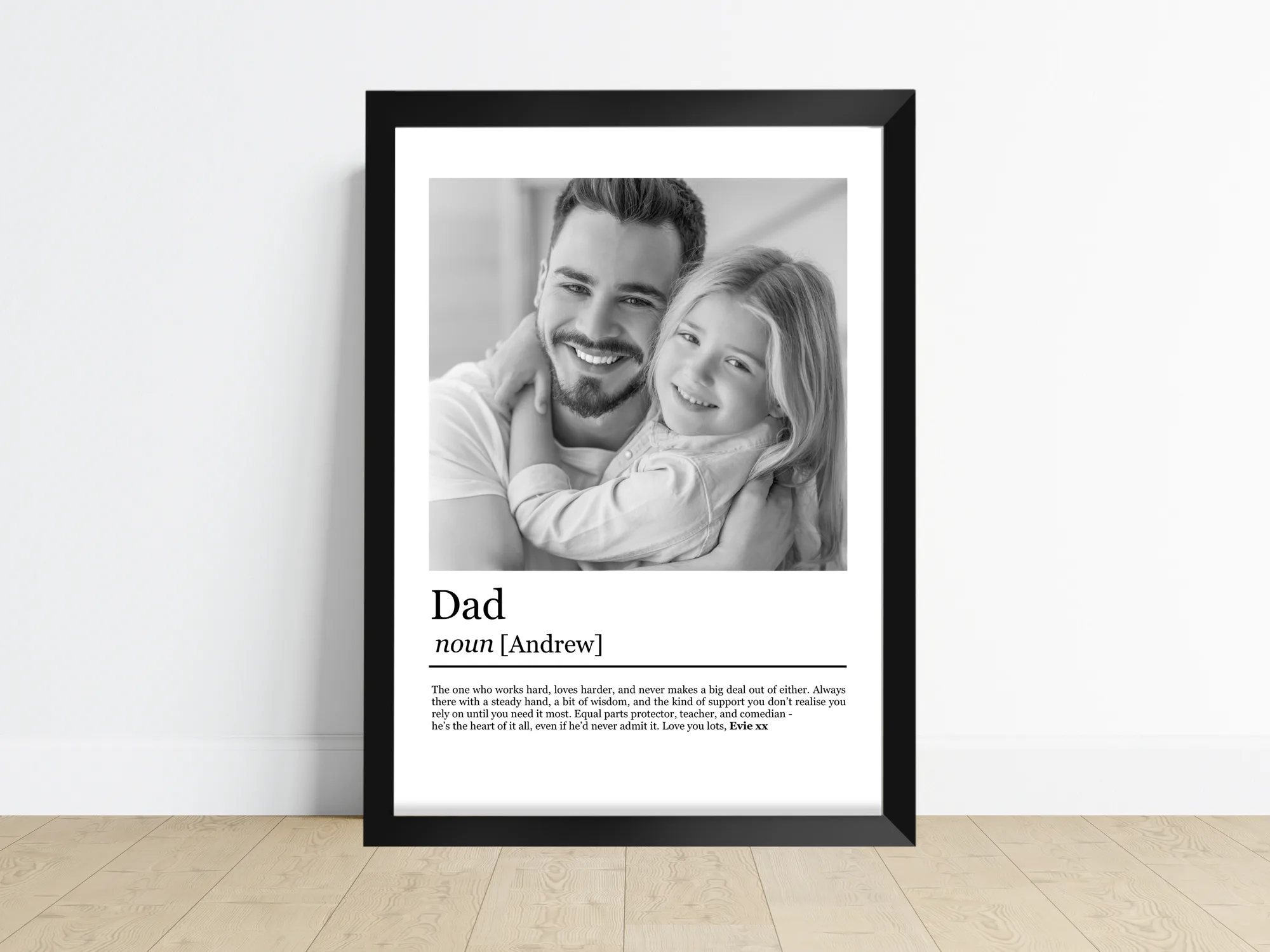 Personalised Dad Definition Print showing an uploaded family photo next to a definition-style write-up of the word Dad
