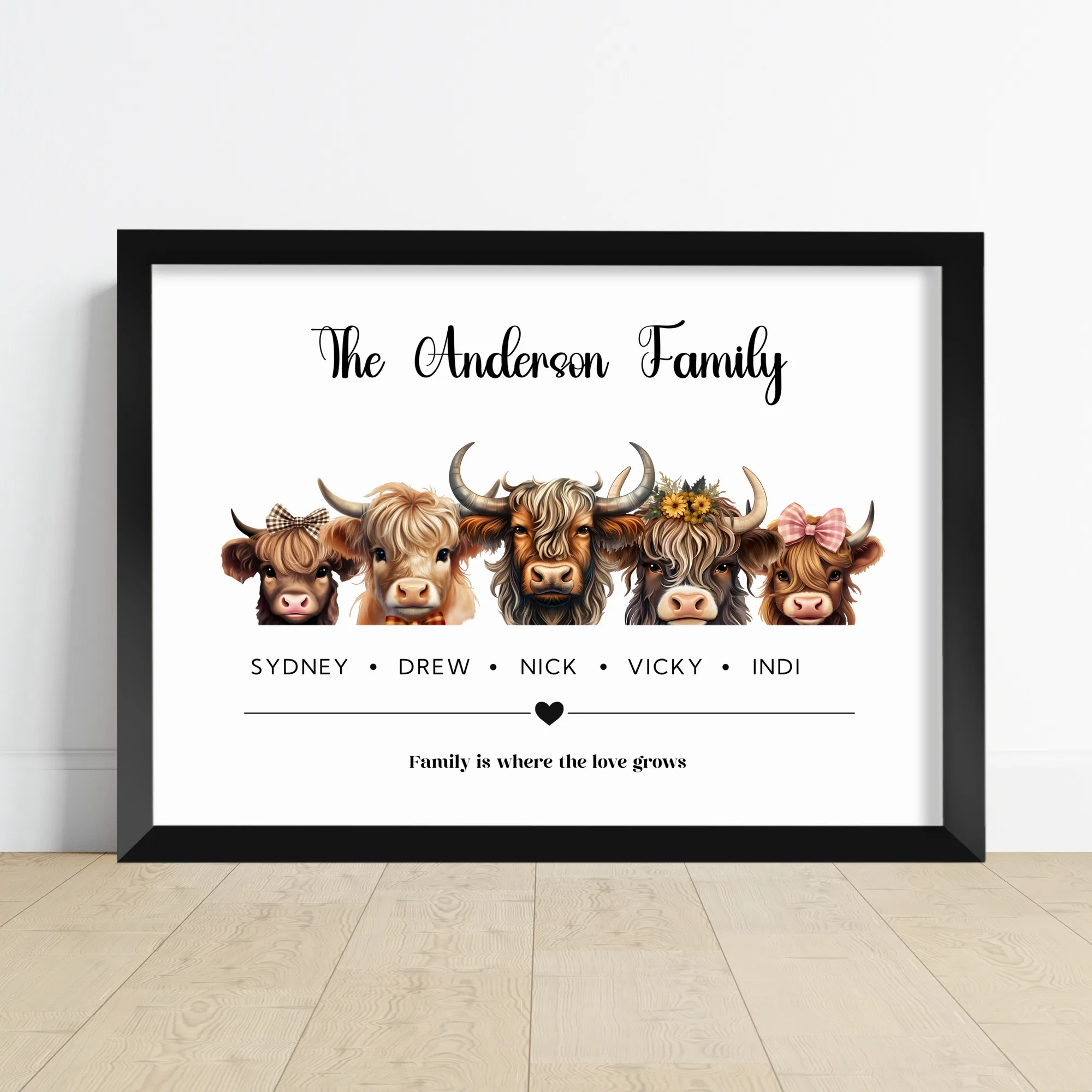 Highland cow family print with one character for each member of the household