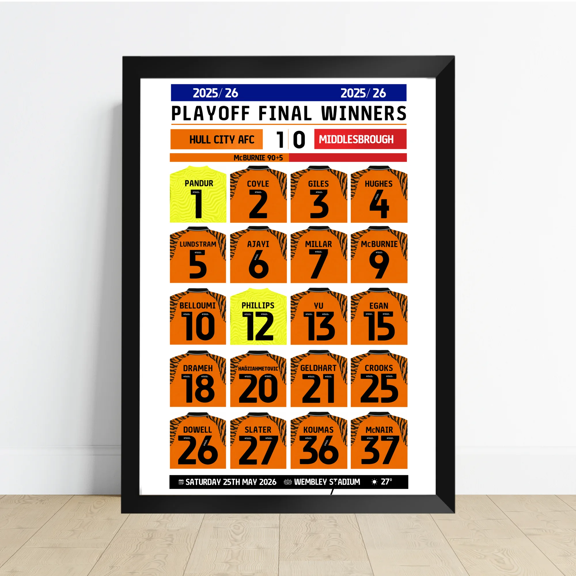 Personalised Hull City team print showing the squad as football shirts with names and numbers