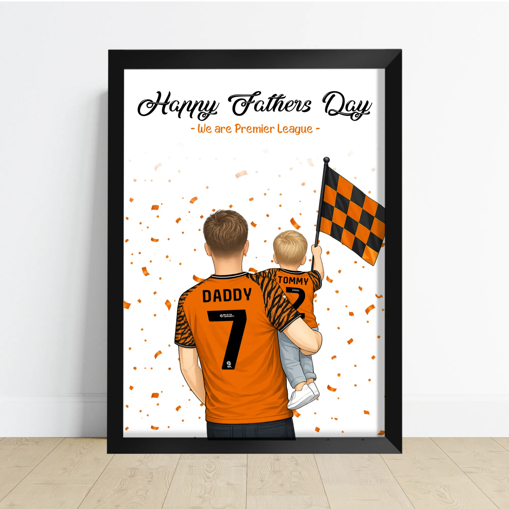 Personalised Daddy and Me Hull City print with a dad and child in black and amber shirts