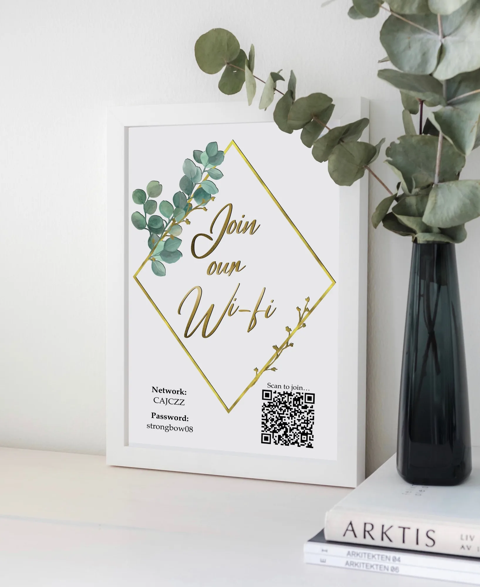 Personalised Eucalyptus and Gold WiFi print with sage foliage, network name, password and QR code
