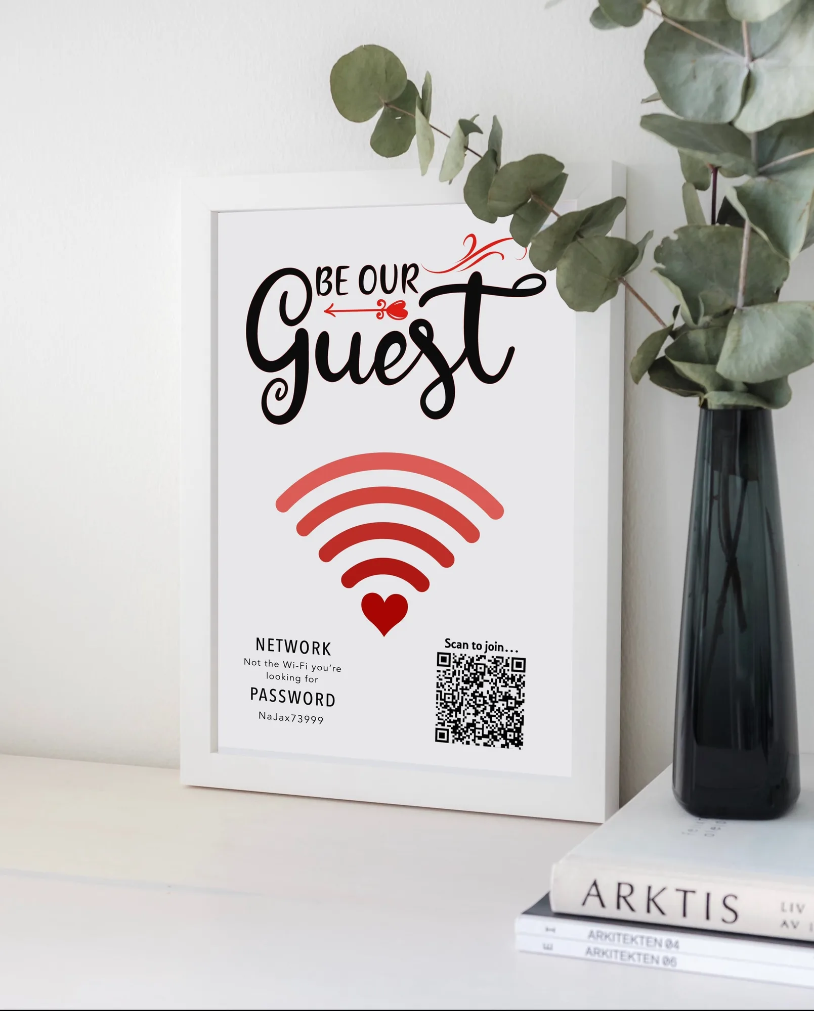 Personalised Be Our Guest WiFi print showing the network details and a scannable QR code