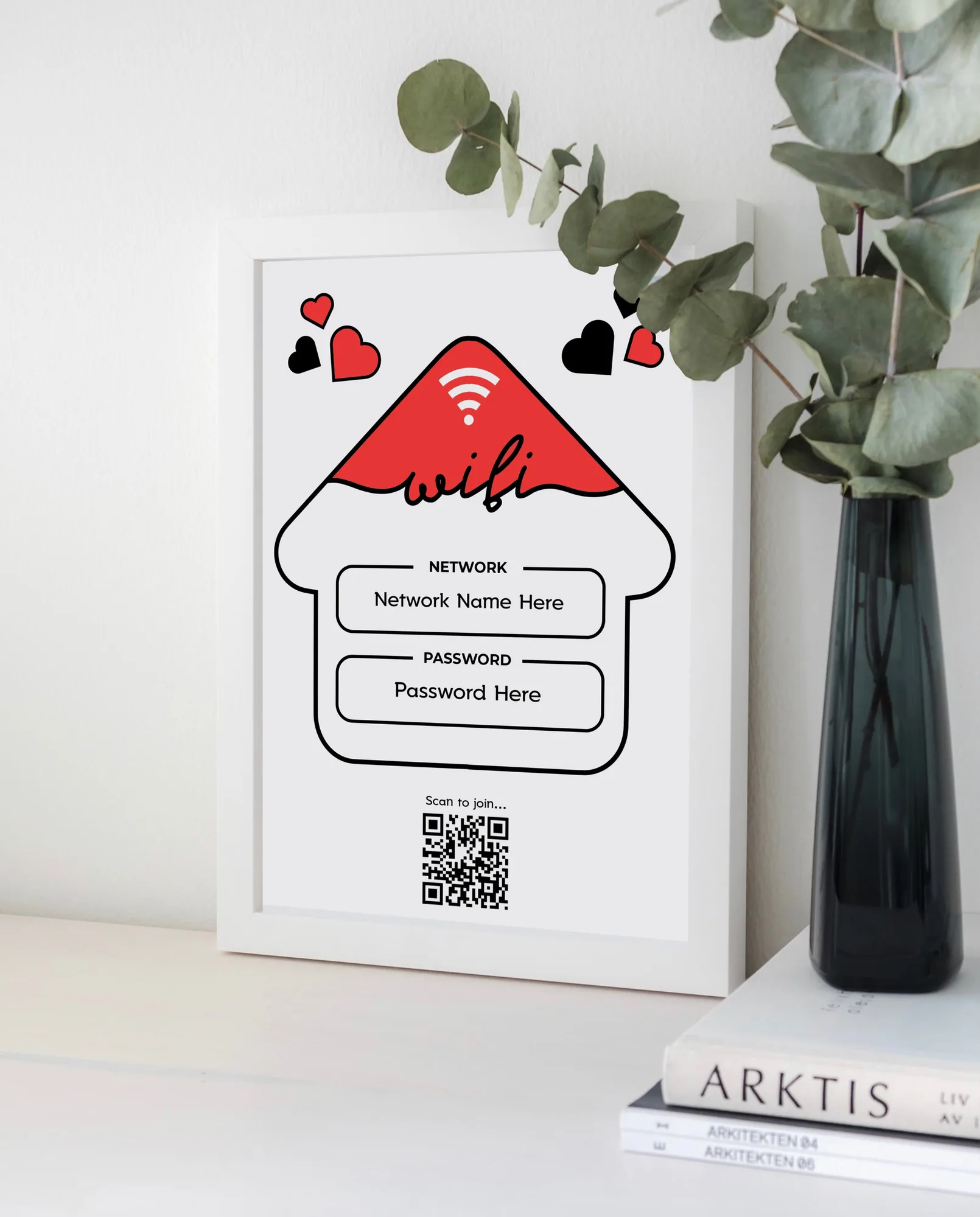 Personalised House and Heart WiFi print with network name, password and QR code, framed for a new home