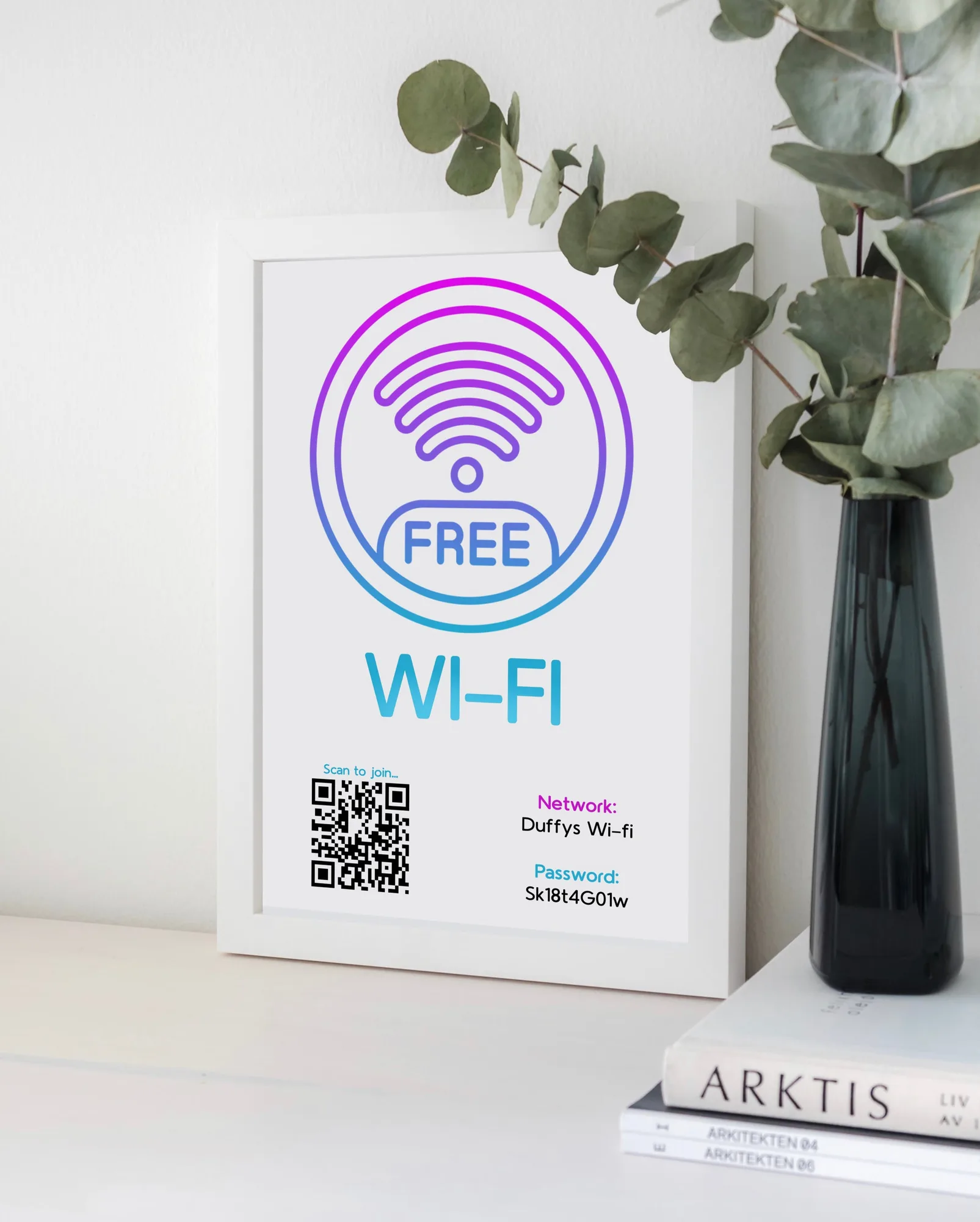 Personalised WiFi Print in the Neon design, showing a network name and password
