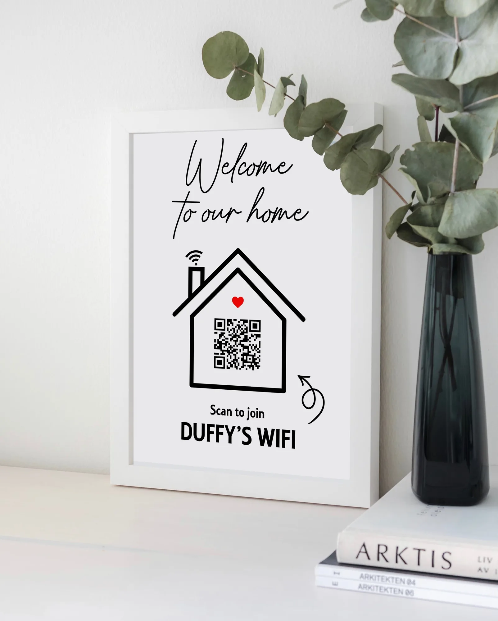 Personalised Welcome Home WiFi print for a new house, network name and password on the wall