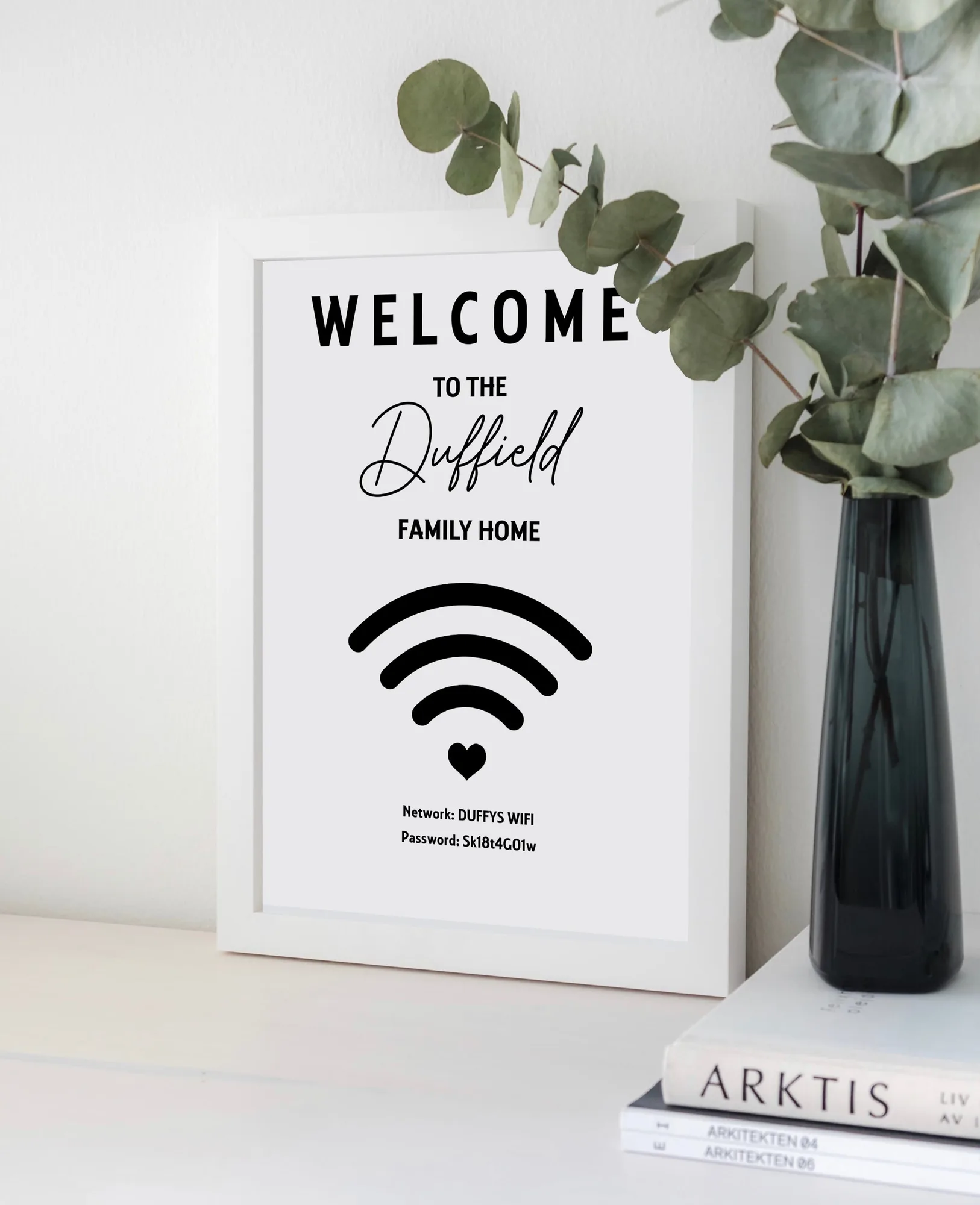 Personalised WiFi Print in the Family Home Heart black and white design