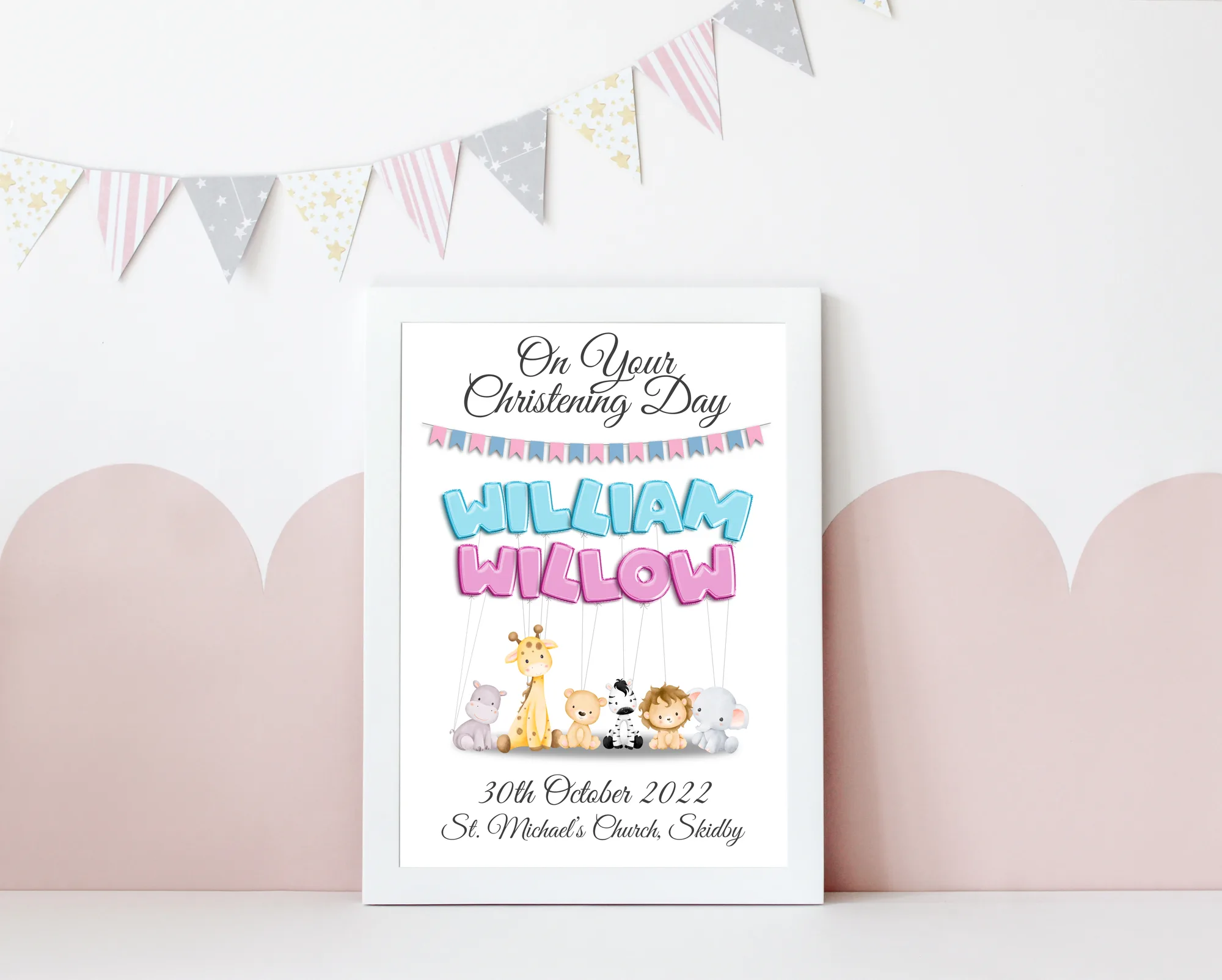 Personalised christening print with two children's names, date and venue